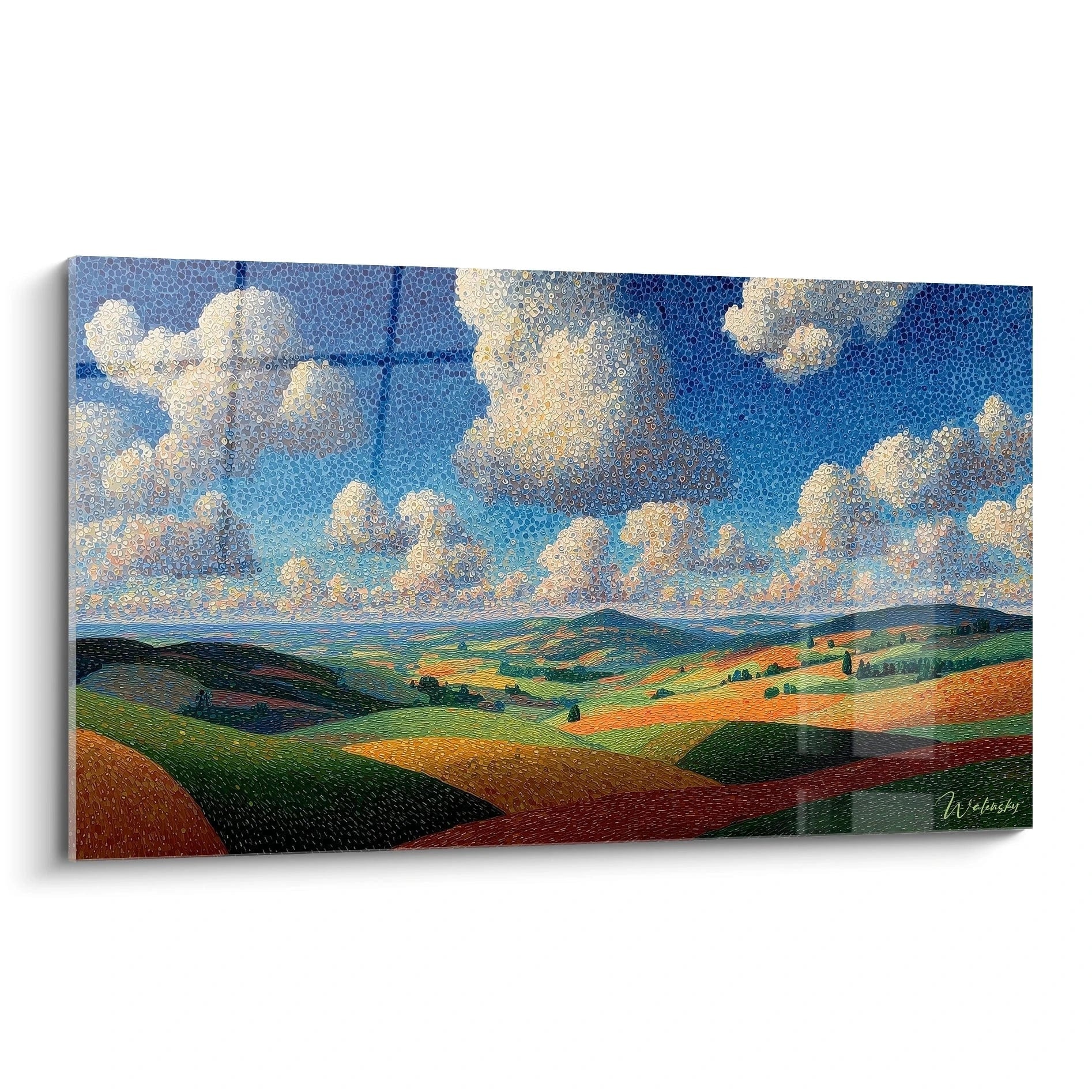 tableau paysage pointillisme Walensky toile murale panoramique collines colorées nuages blancs