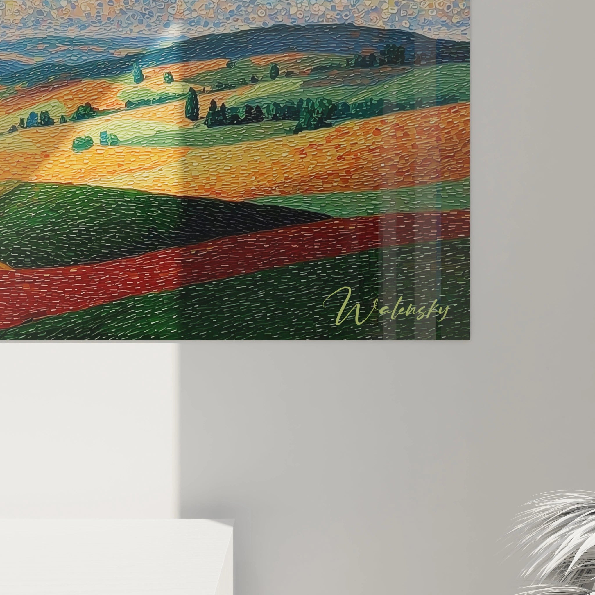 Tableau mural Walensky tableau paysage pointillisme représentant champs colorés en collines décor mural moderne