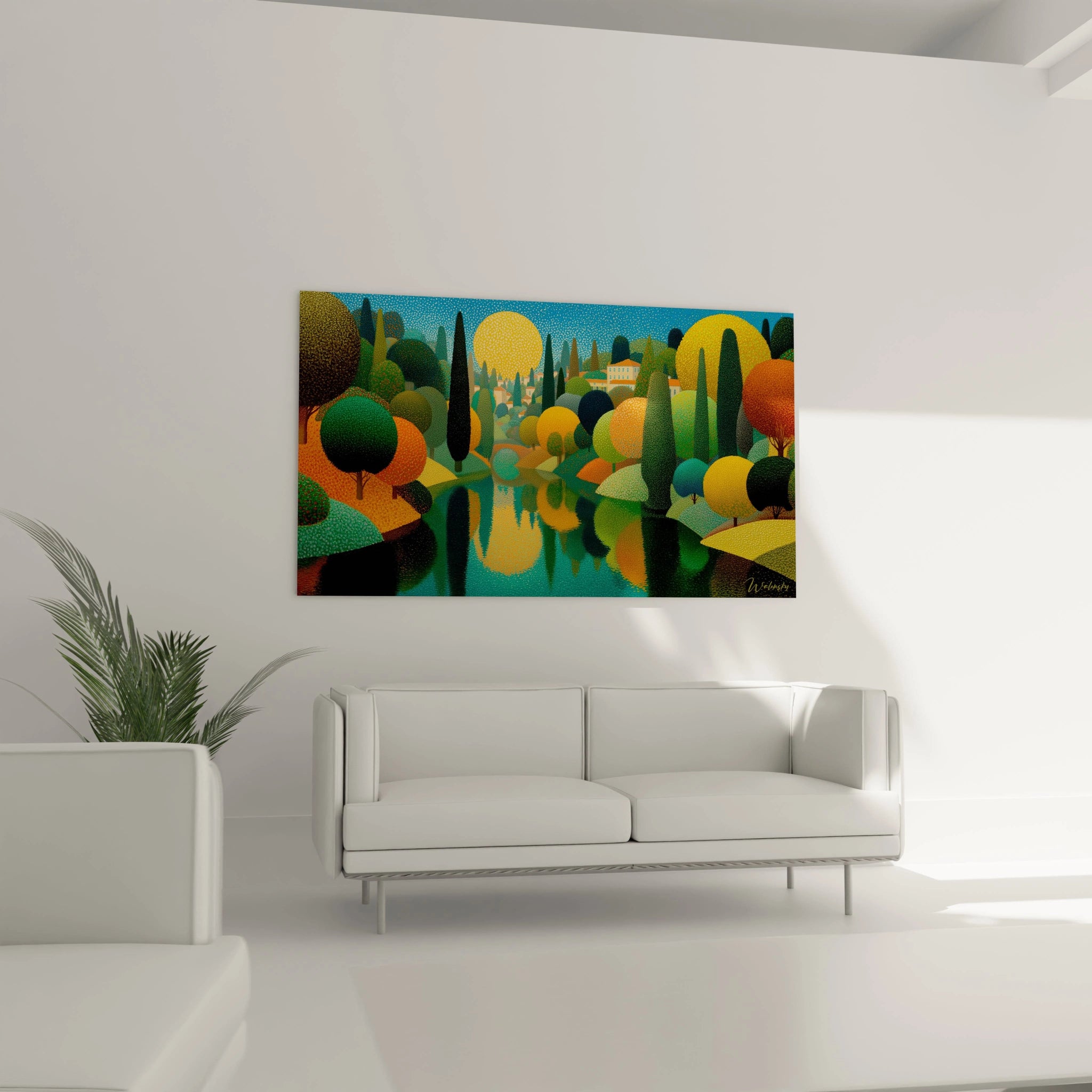 Tableau mural Walensky tableau paysage pointillisme coloré avec lac reflet arbres ronds pour salon moderne