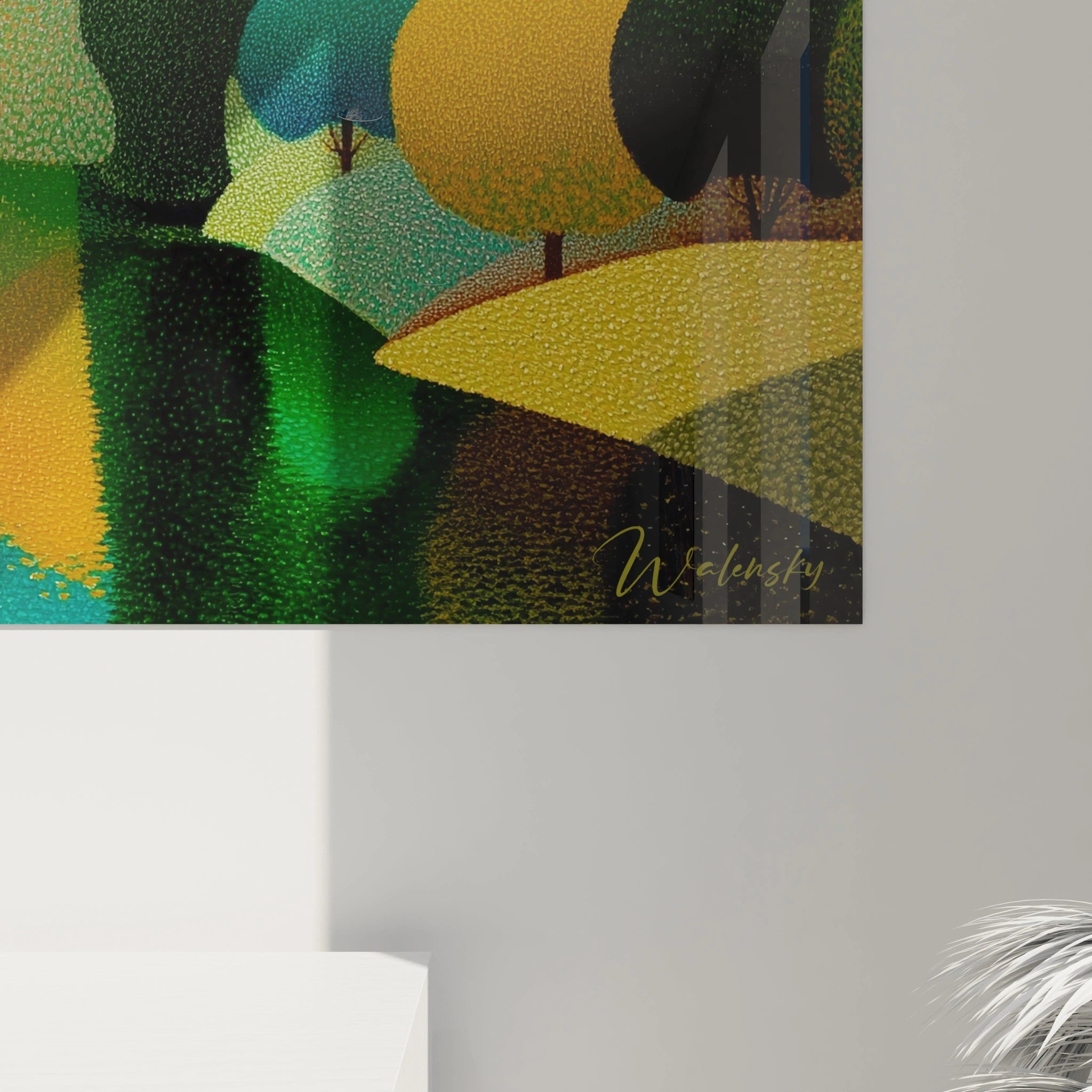 Tableau paysage pointillisme Walensky mural montrant arbres verts et jaunes au style pointilliste moderne