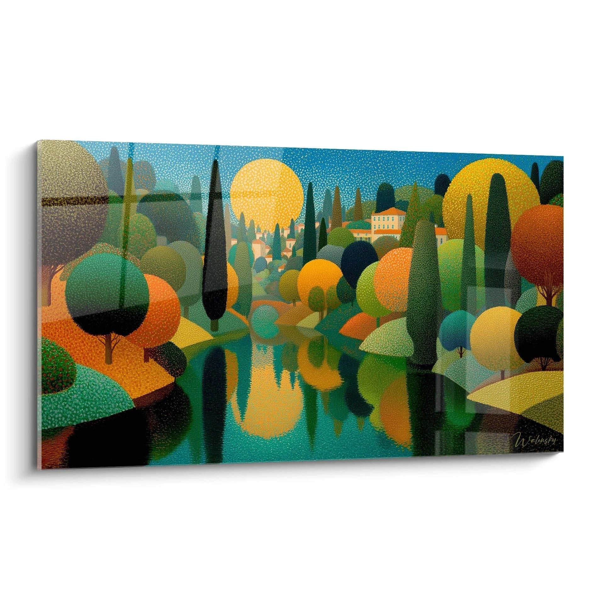 tableau paysage pointillisme Walensky toile murale colorée montrant cyprès arbres ronds et reflet sur l eau