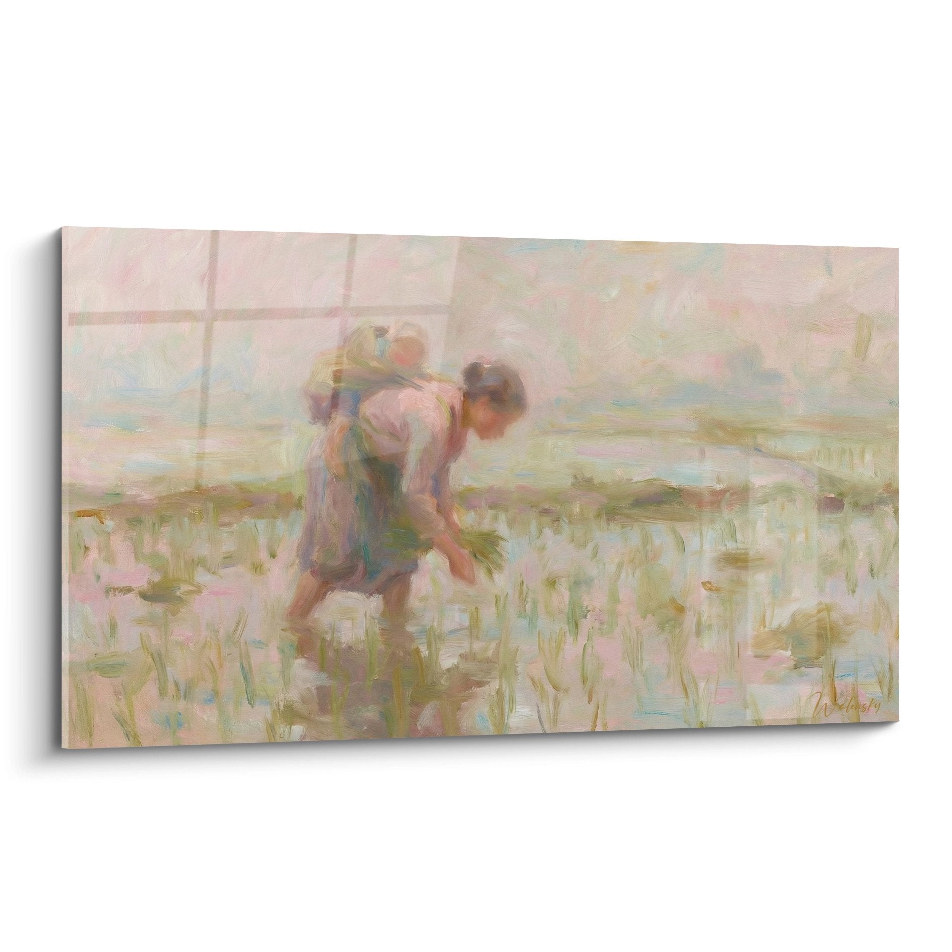 Tableau paysans rizières tons pastel rose vert style impressionniste scène champêtre agriculture traditionnelle