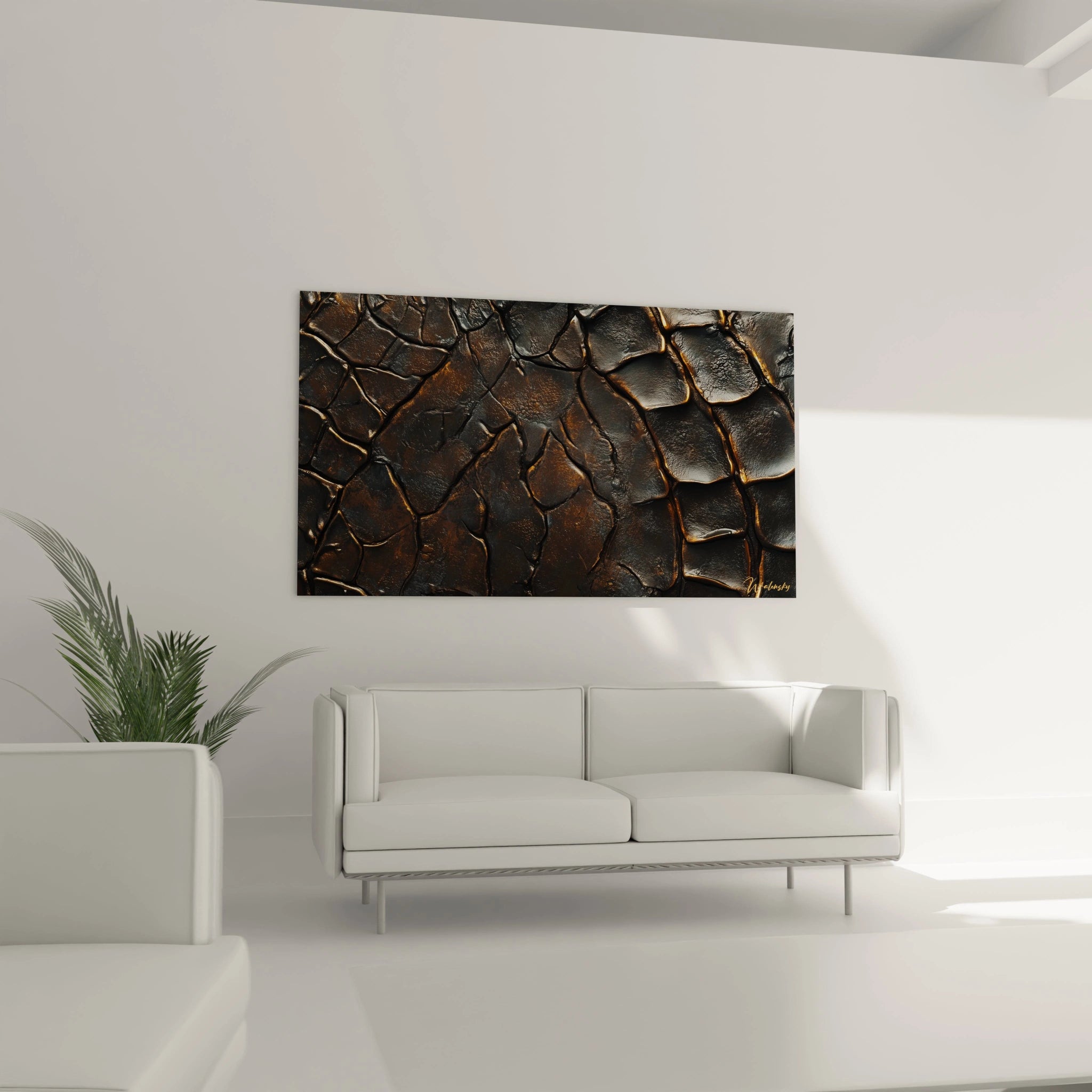 Un tableau texturé abstrait suspendu dans un intérieur moderne, mettant en avant des couleurs noir, bronze et doré, avec des reliefs brillants et des formes organiques.