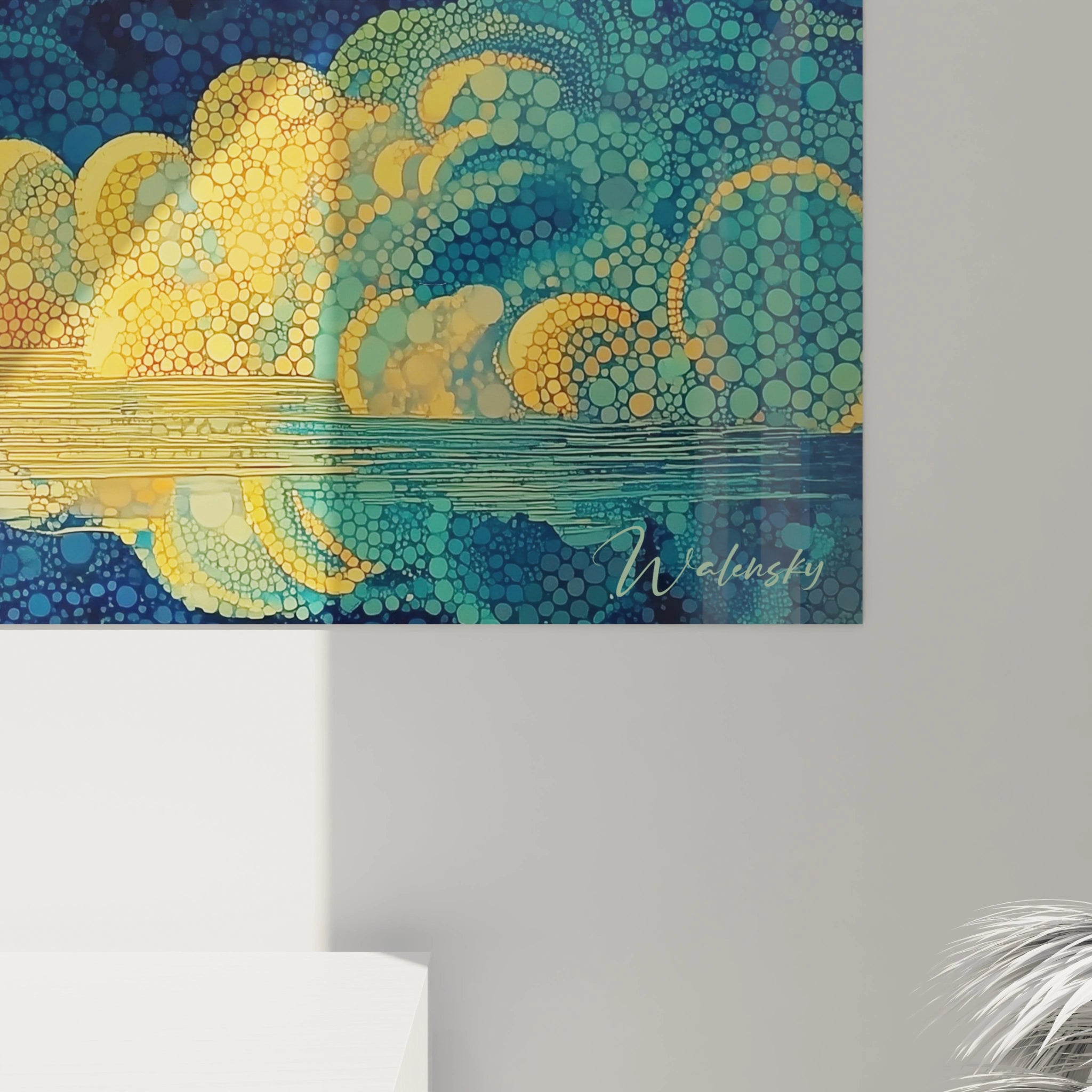 Tableau mural Walensky aux couleurs chaudes motif floral détaillé et texture pointilliste tableau pointillisme pêcheur crépuscule