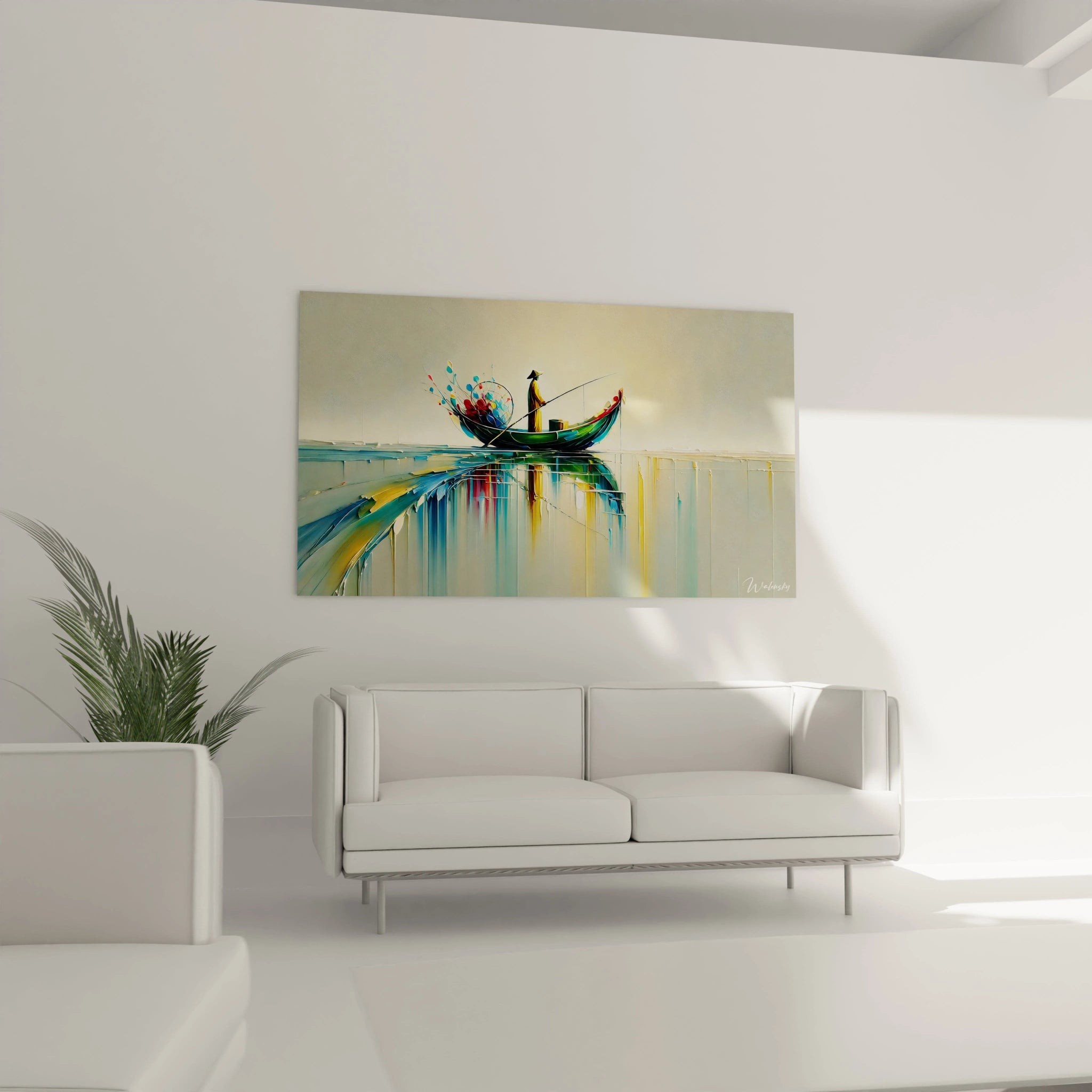 Tableau Marin accroché au-dessus d’un canapé dans un salon. Ses reflets oniriques et sa palette vibrante de bleu, jaune et vert illuminent l’espace, créant un cadre idéal pour la contemplation et la relaxation