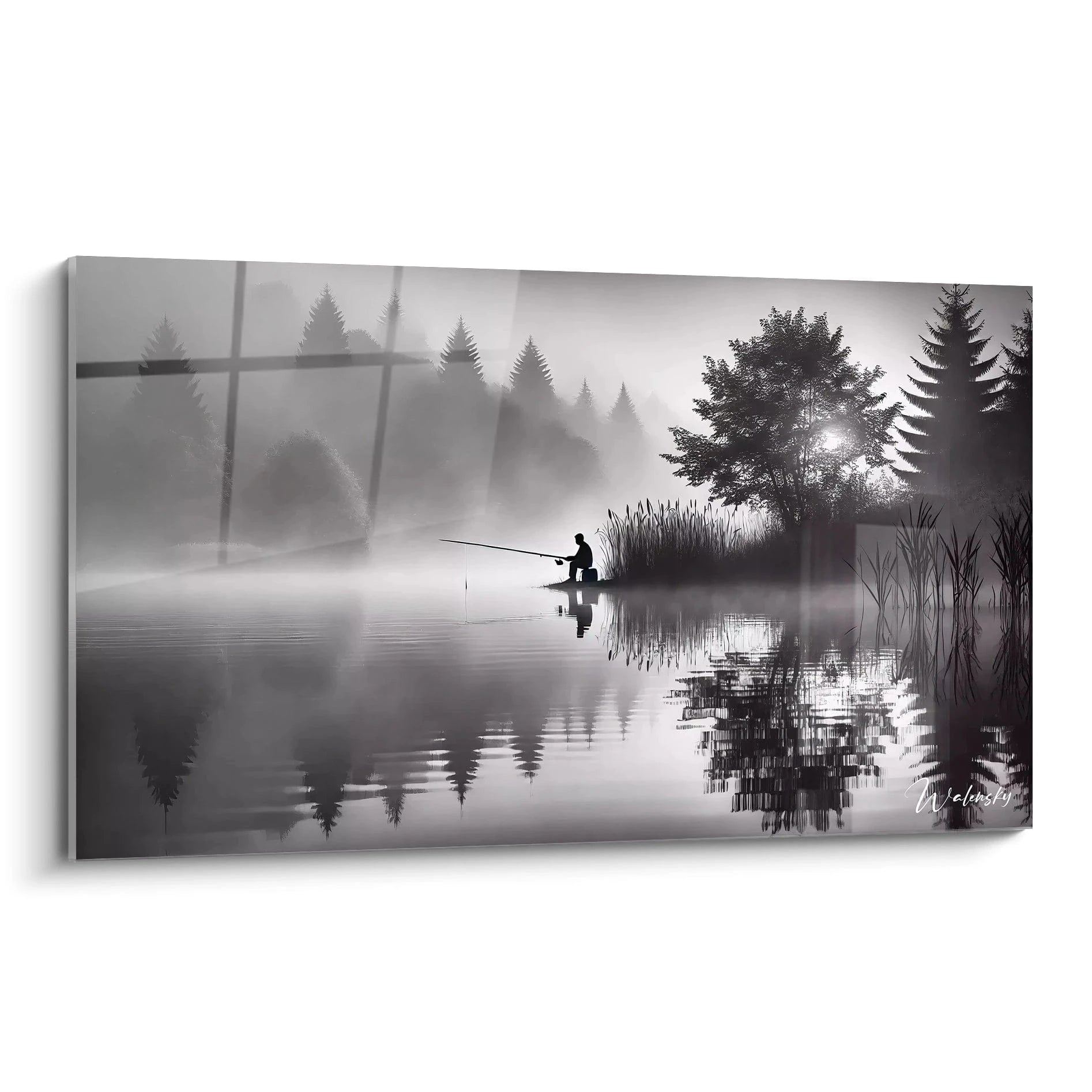 tableau noir et blanc vu de biais dans un salon moderne reflets d eau et brume subtile contraste élégant noir blanc gris sérénité minimaliste détails réalistes pour une atmosphère calme