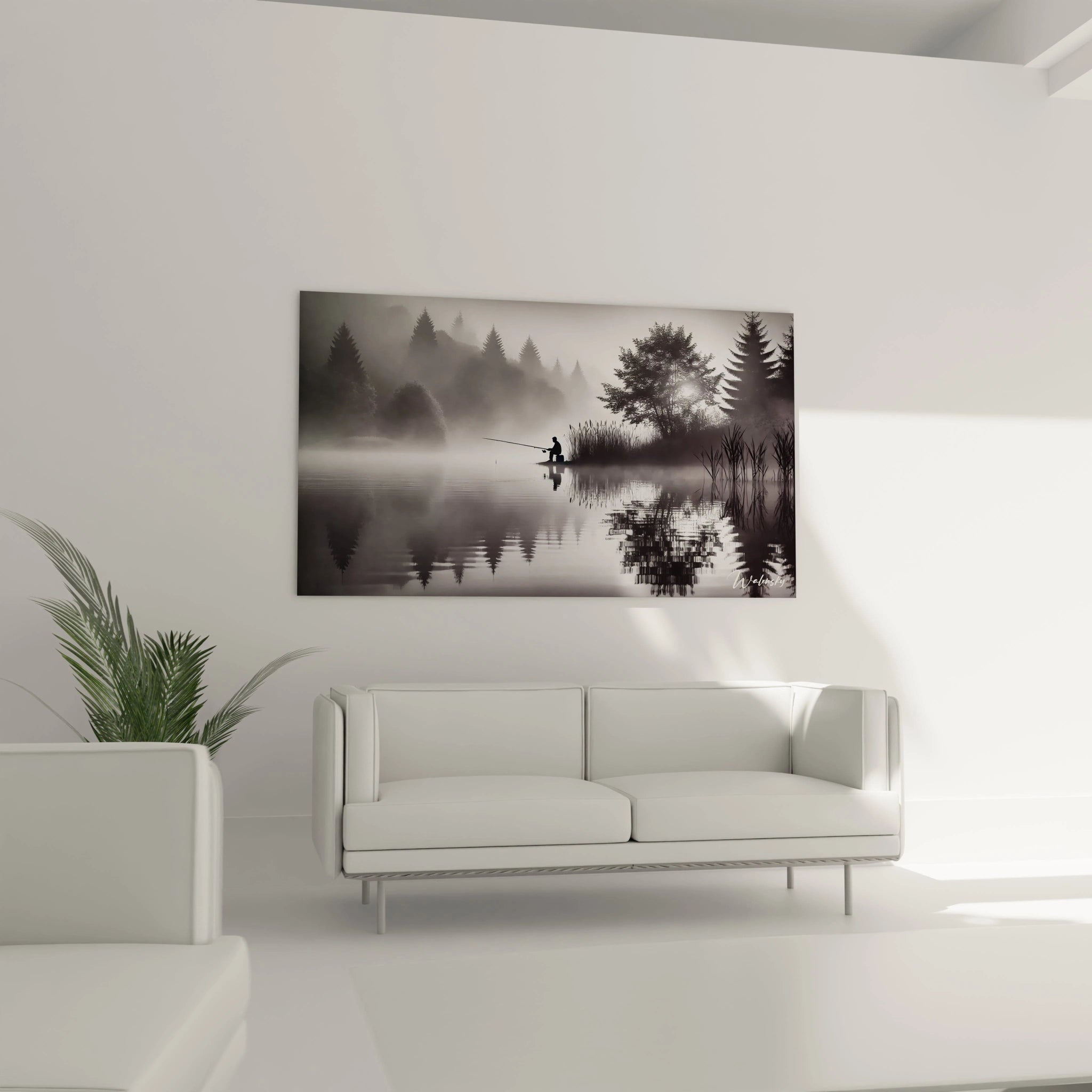 tableau noir et blanc au-dessus du lit dans une chambre ambiance relaxante reflets apaisants roseaux minimalistes brume légère contrastes sobres apportant quiétude et harmonie au décor élégant