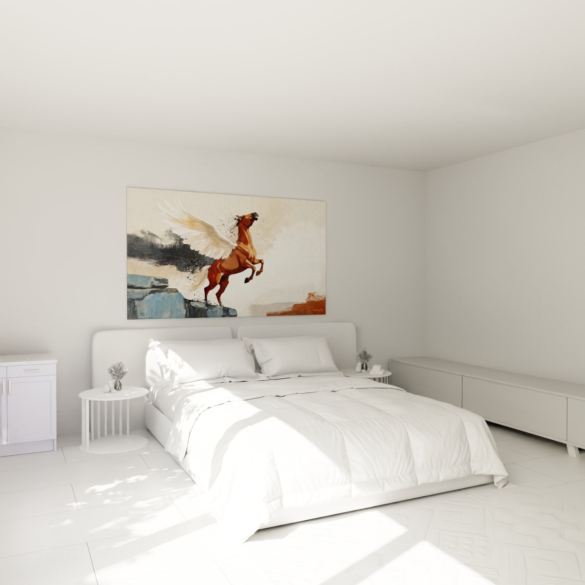 Cheval ailé terracotta en plein élan au-dessus d'un lit dans une chambre claire