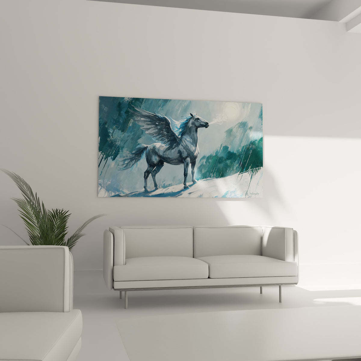Cheval ailé anthracite et blanc soufflant vers la lune, accroché au-dessus d'un canapé dans un salon lumineux