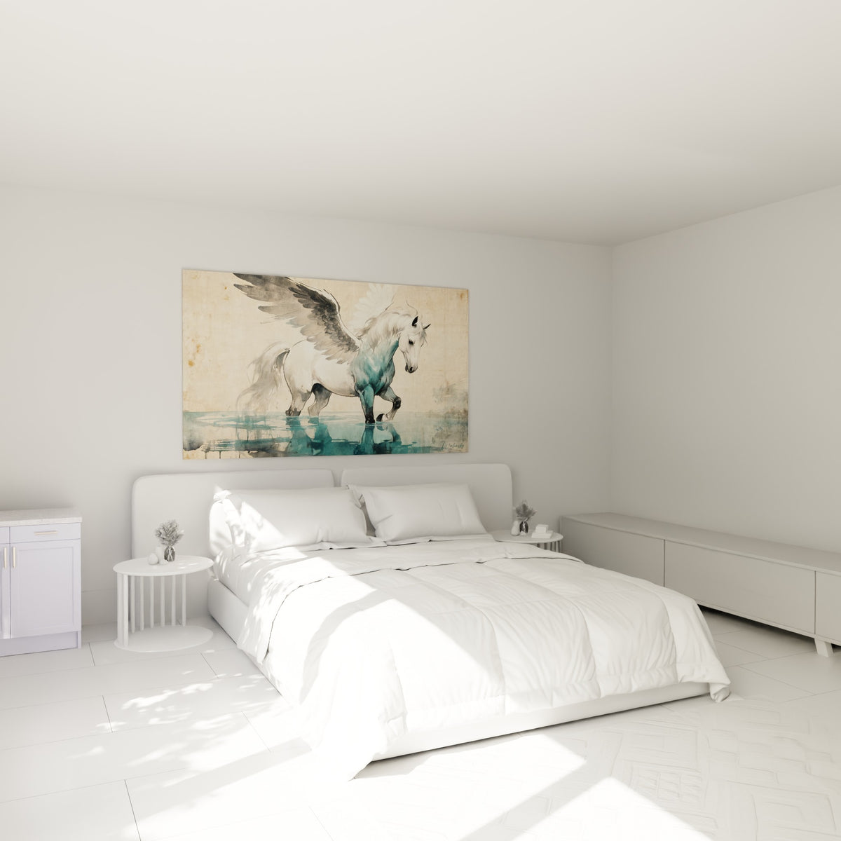 Cheval ailé turquoise et blanc traversant l'eau, au-dessus d'un lit dans une chambre claire