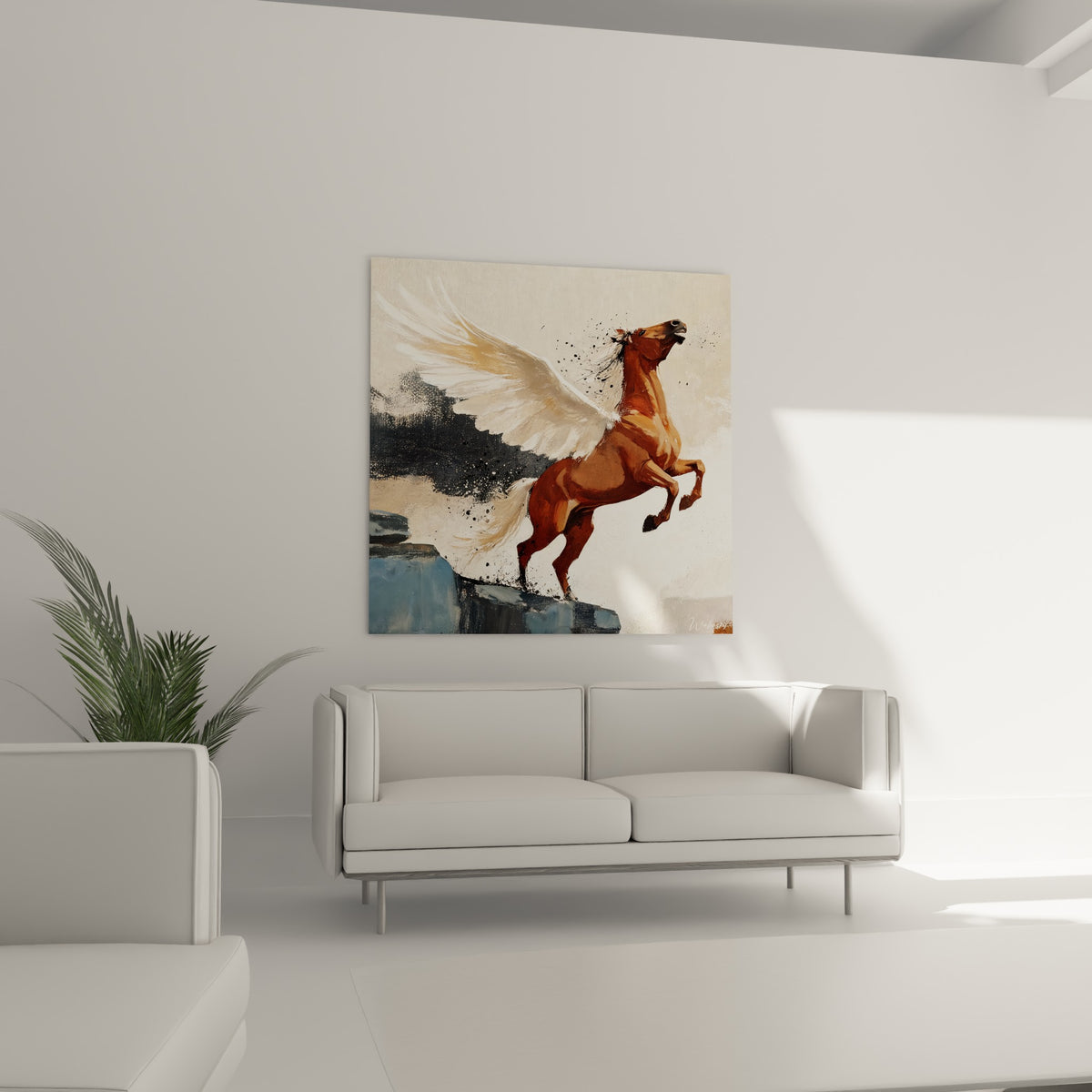 Cheval mythique terracotta aux ailes blanches, suspendu au-dessus d'un canapé dans un salon lumineux
