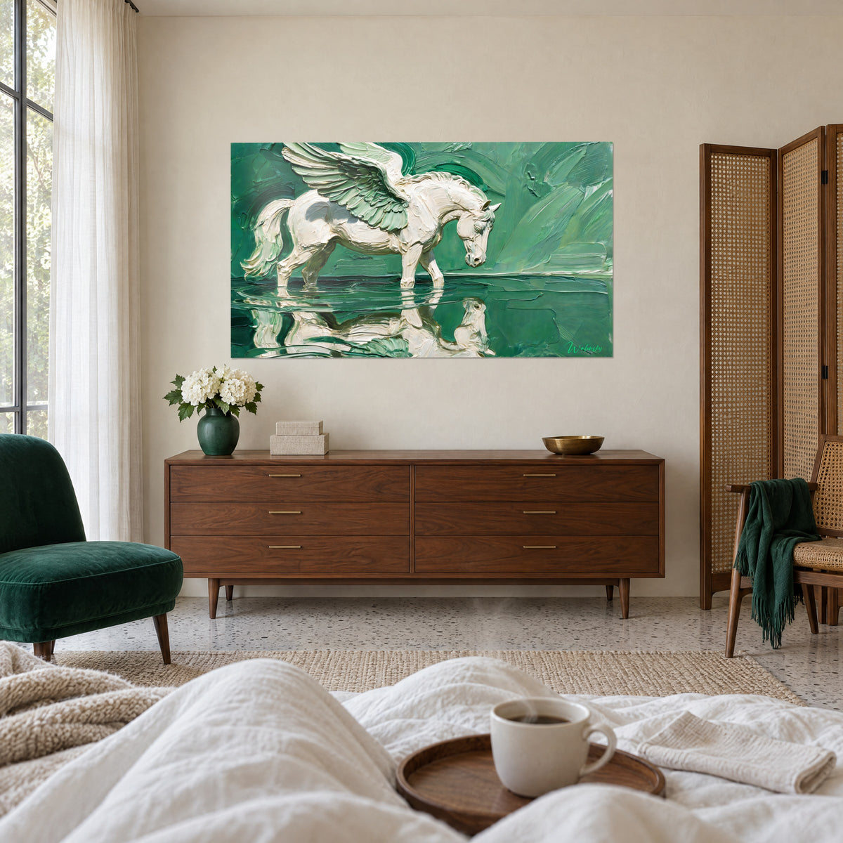 Wall art of a winged horse with mint-green feathers and a white coat, emerald water reflection and impasto texture, above a bed in a light bedroom