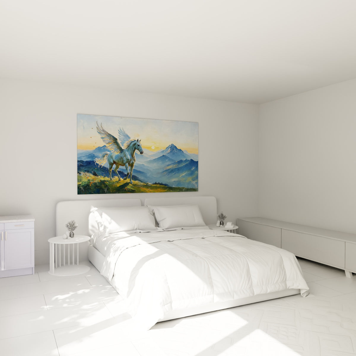 Cheval ailé blanc face au soleil ocre, crête verte fleurie, au-dessus d'un lit dans une chambre claire