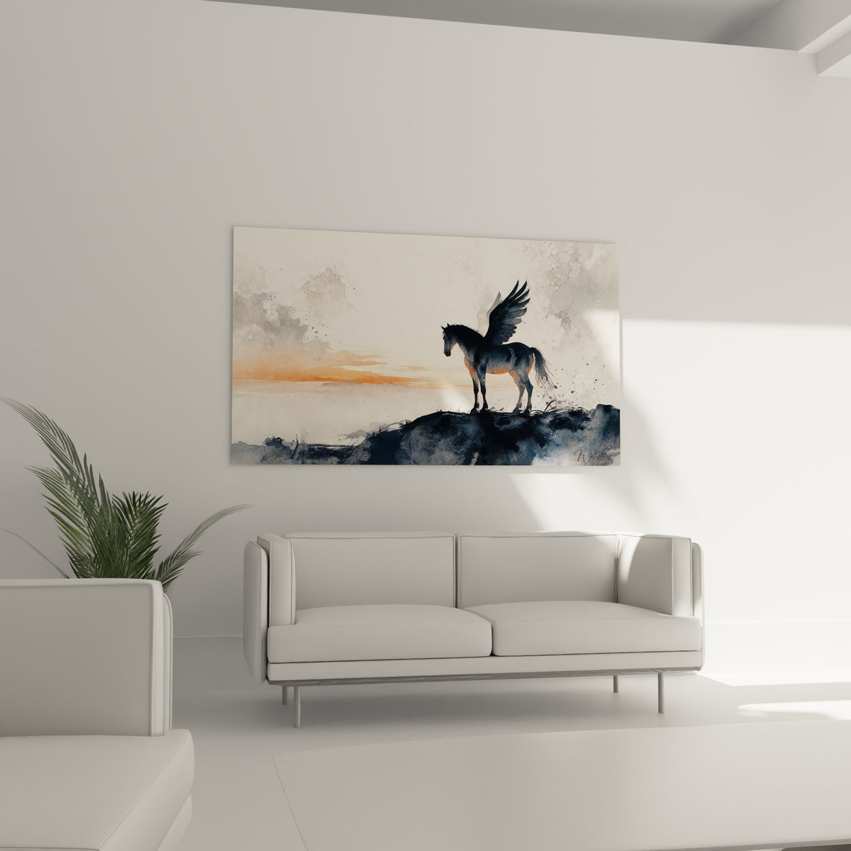 Silhouette de Pégase noire et orangée dressée sur un promontoire, au-dessus d'un canapé dans un salon lumineux