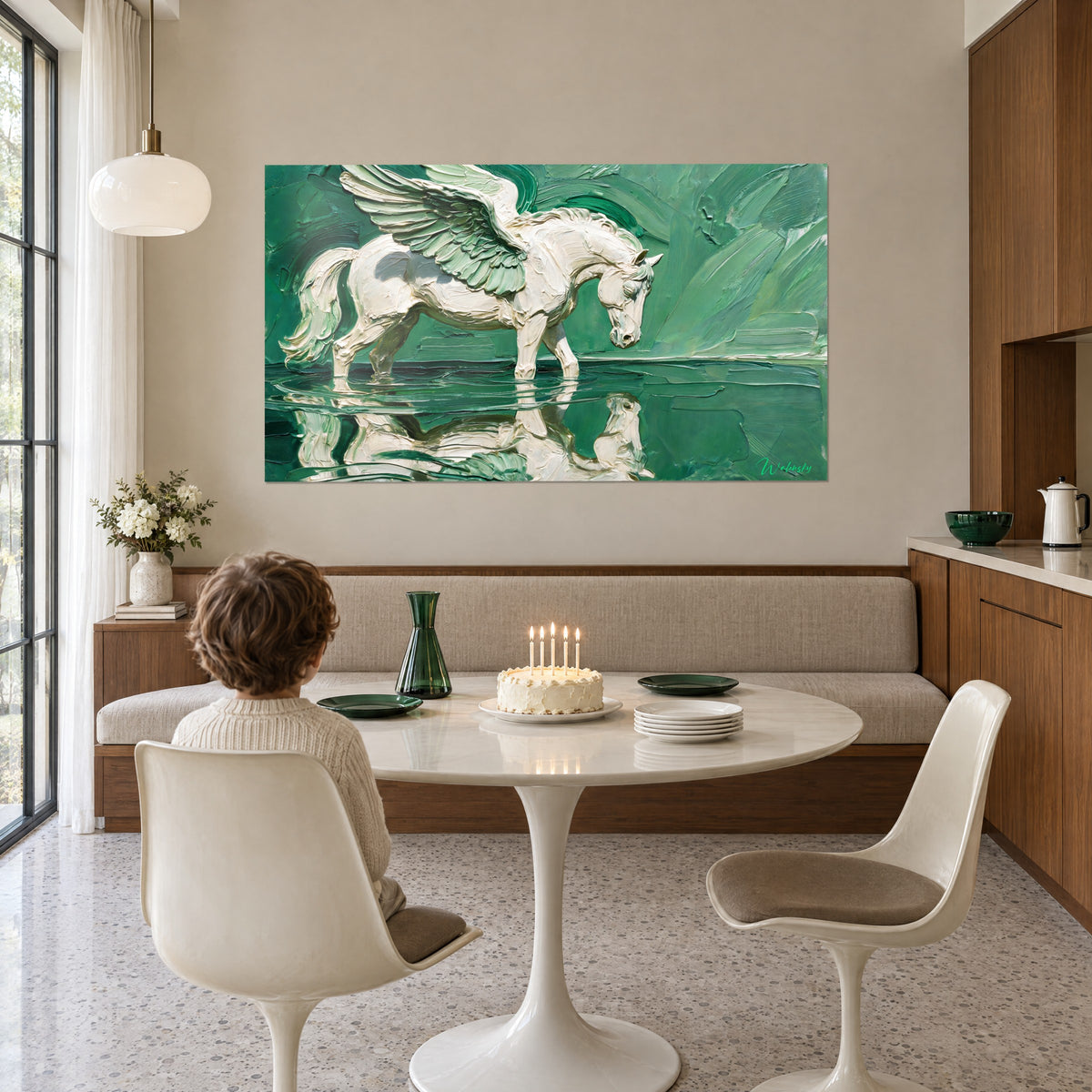 Wall art of a mythical cream-toned warhorse, wing spread in soft sage green, deep green reflection, in a living room with walnut wood paneling