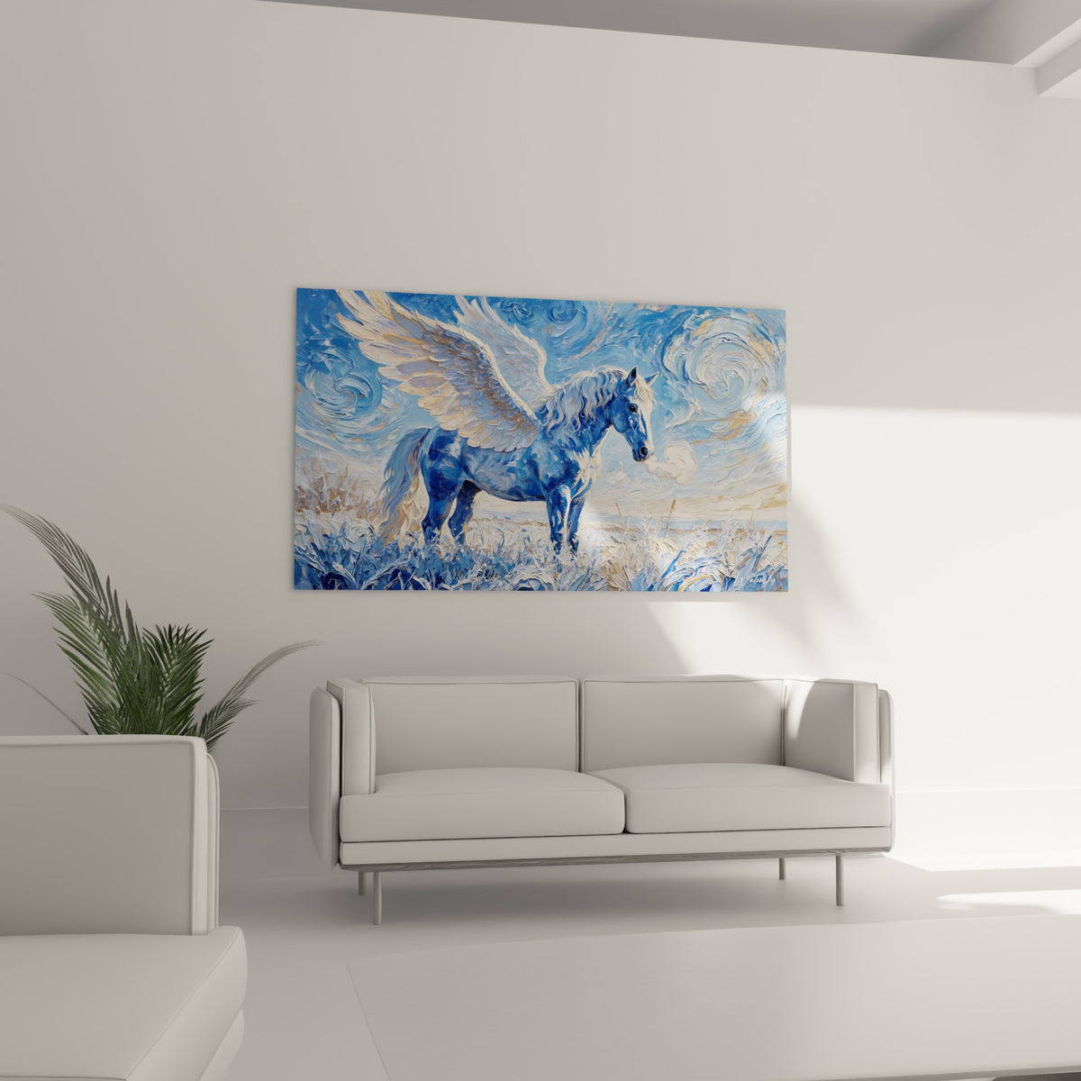Créature mythique bleu profond et blanc crème, suspendue au-dessus d'un canapé dans un salon lumineux
