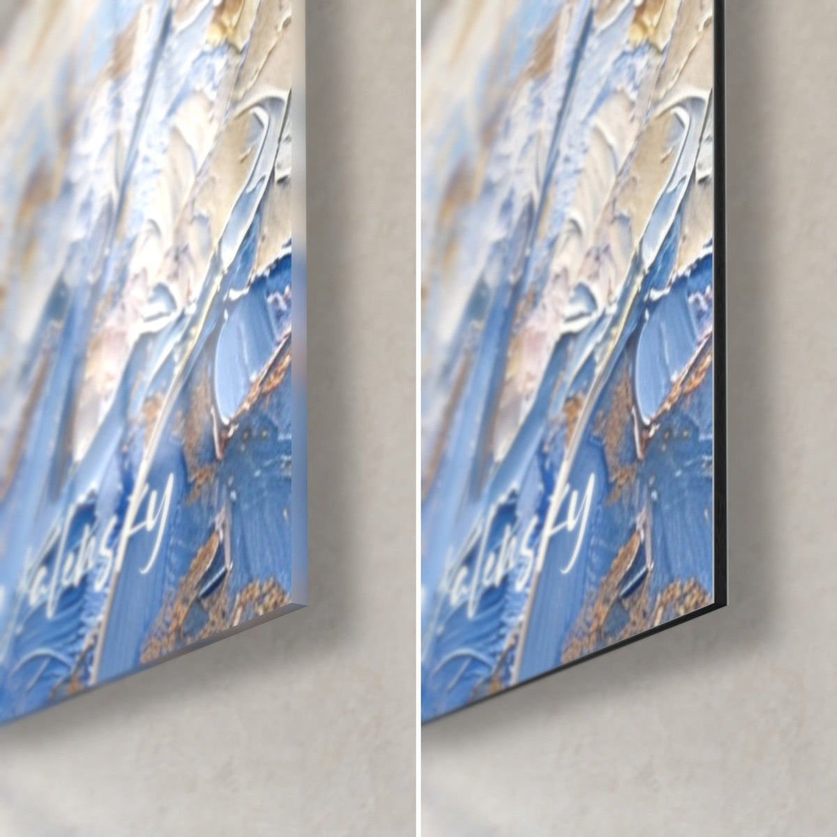 Wall art winged stallion in sky blue, bottom right corner: glossy acrylic glass on the left, matte black Dibond on the right, 3 mm edge