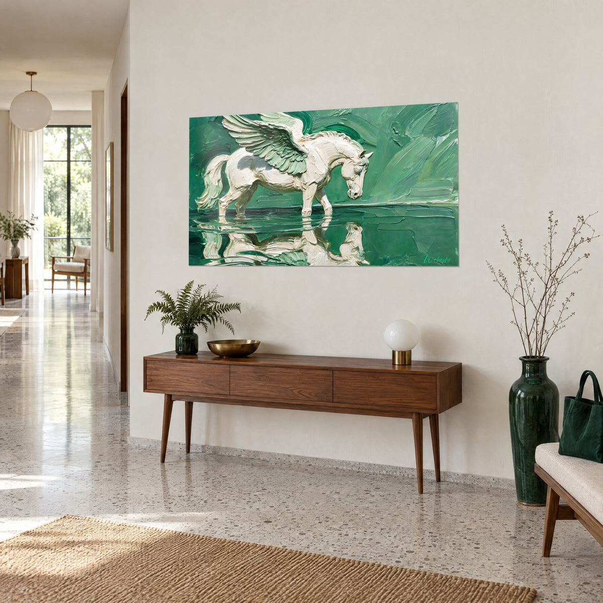Wall art of Pegasus in thick oil paint, ivory mane and emerald reflection in the water, in a hallway with light beige walls