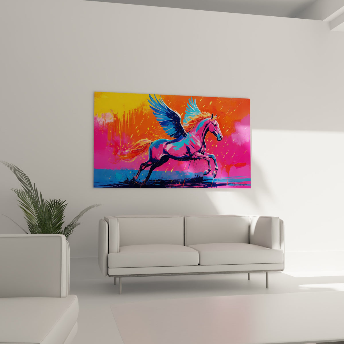 Cheval mythique bleu turquoise et fuchsia en pleine course, au-dessus d'un canapé dans un salon lumineux