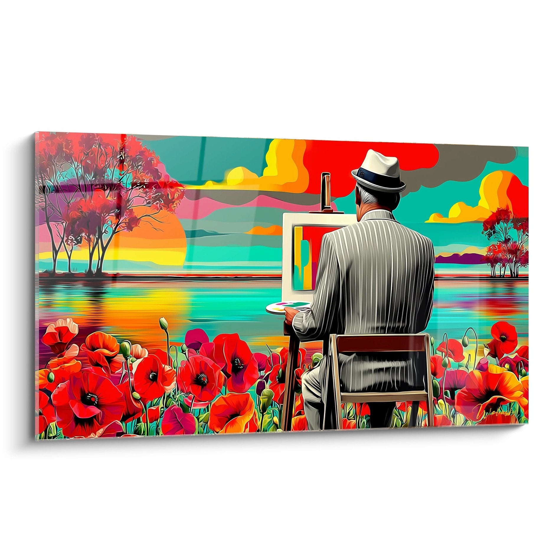 Buntes Gemälde Maler mit Hut vor Staffelei türkiser See rote Mohnblumen lebhafte Landschaft Mohnblumen-Edition