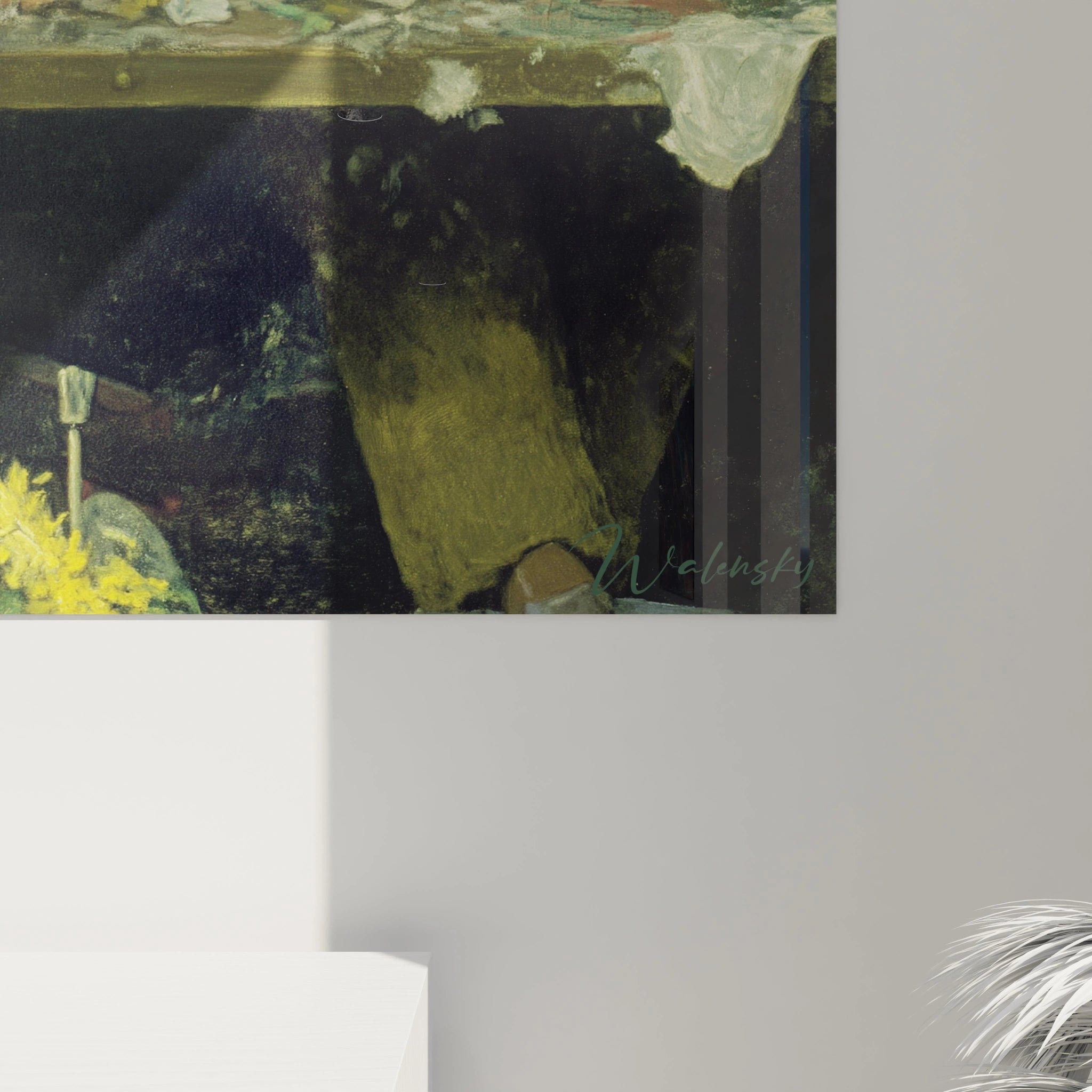 Tableau mural Walensky montrant coin inferieur droit d une peinture aux touches jaunes et signature tableau peintre réalisme