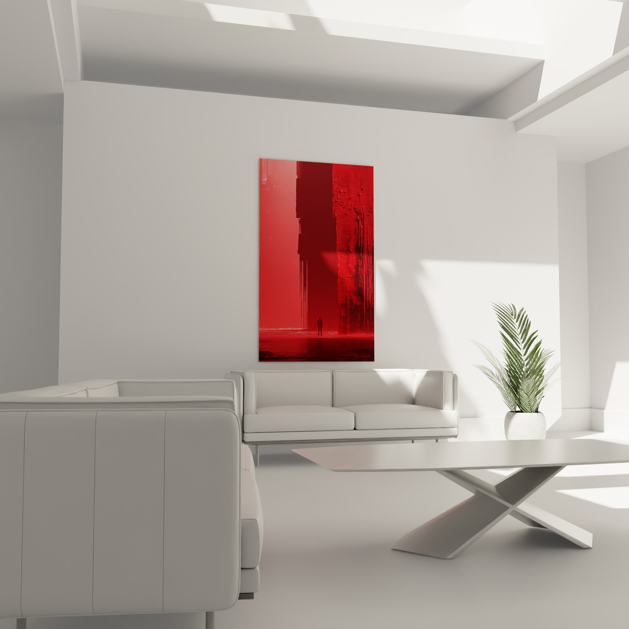 Silhouette rouge intense et bordeaux profond au-dessus d'un canapé dans un salon lumineux