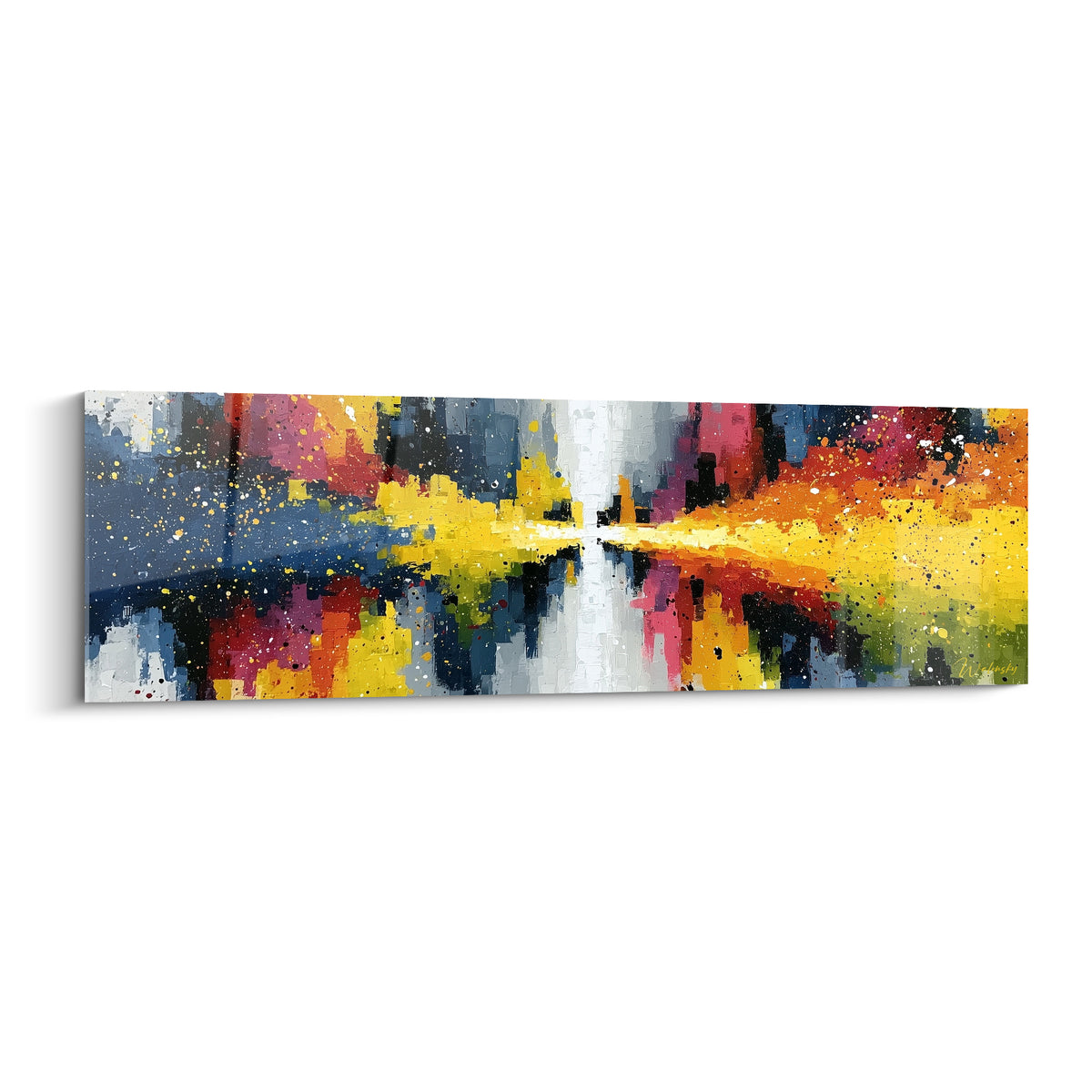 Éclat doré style peinture abstrait traversant blocs bleu marine et rose sur toile panoramique