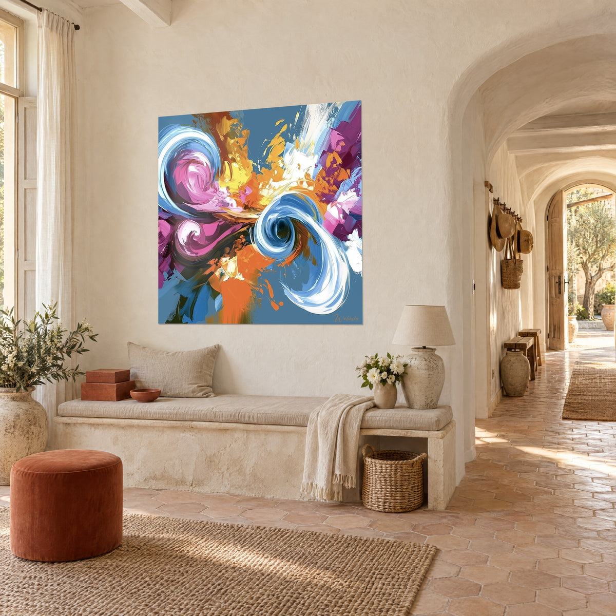 Tableau peinture abstraite à spirales bleu azur et violet, coups de couteau orange vif, dans un mas provençal en pierre claire