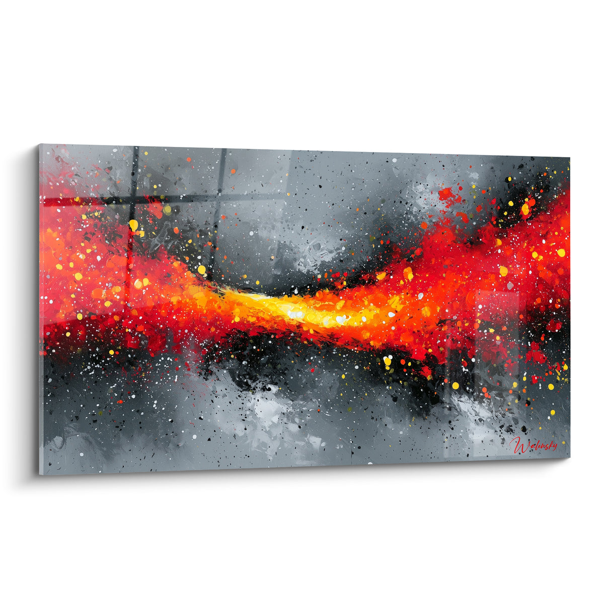 Tableau style Peinture abstrait, traînée rouge orangé et jaune doré sur fond gris anthracite éclaboussé