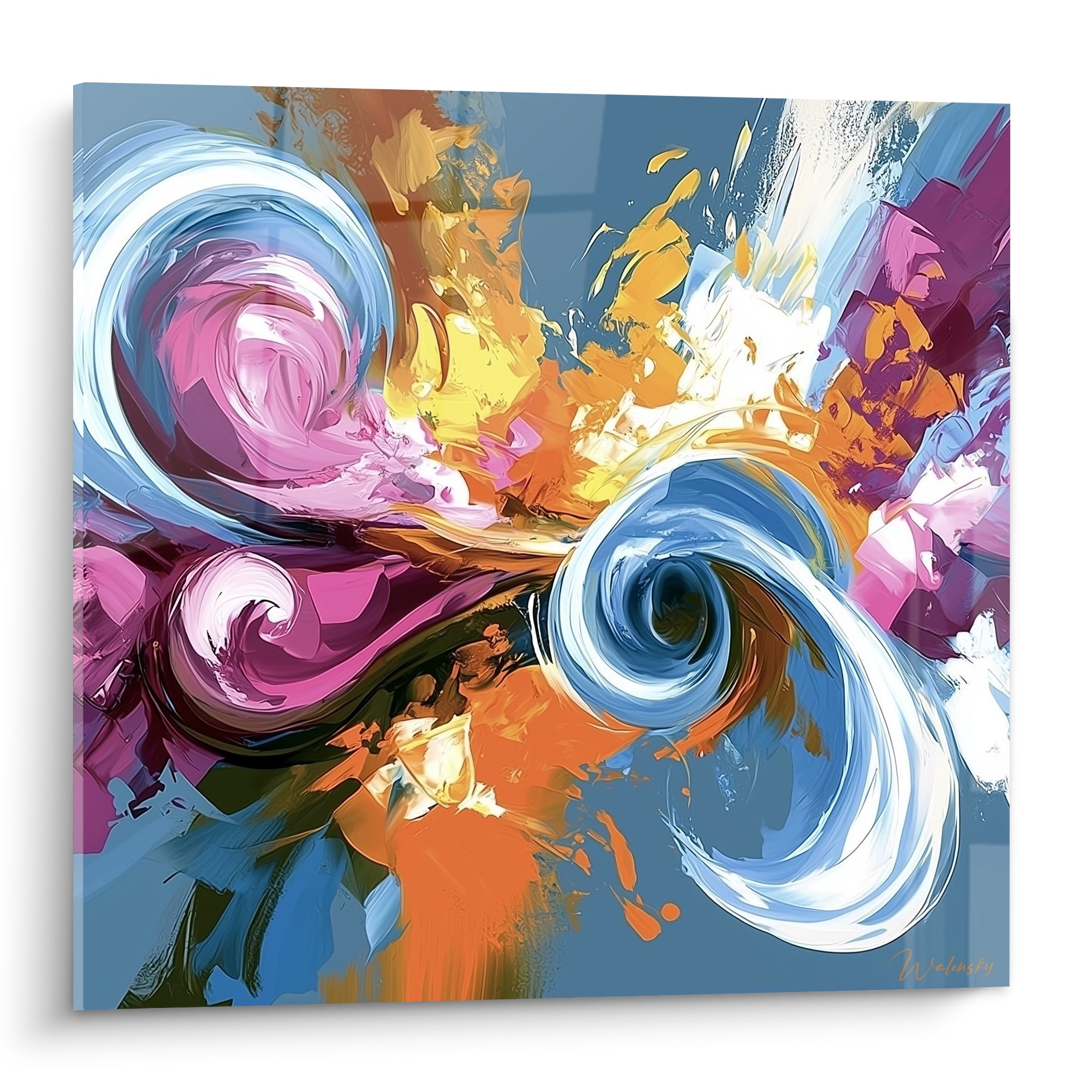 Spirales bleu ciel et orange vif s'entremêlent avec du rose fuchsia sur fond bleu ardoise