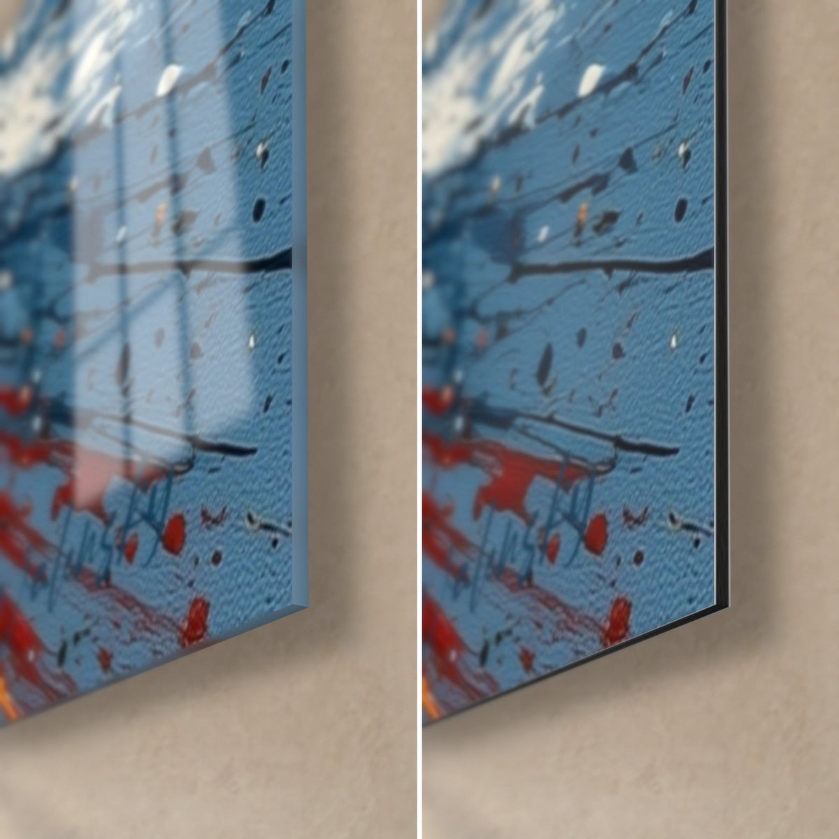Cuadro salpicaduras de pintura azul cielo y roja, esquina inferior derecha: cristal acrílico brillante a la izquierda, Dibond negro mate a la derecha