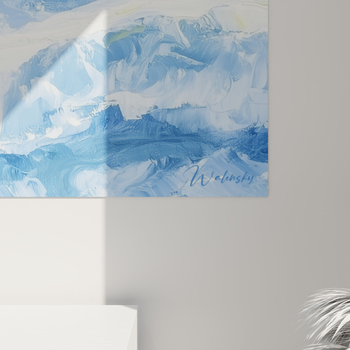 Empâtements épais mêlant bleu clair et blanc crème, coulures visibles révélant la matière de la peinture