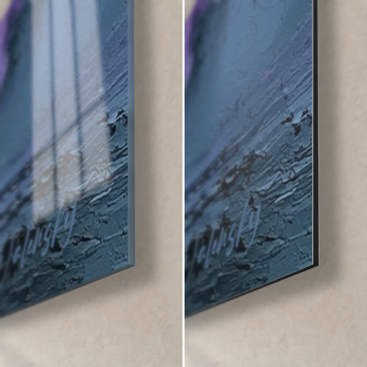 Wall art fuchsia pink and blue-grey explosion, bottom right corner: glossy acrylic glass on the left, matte Dibond on the right, 3 mm edge