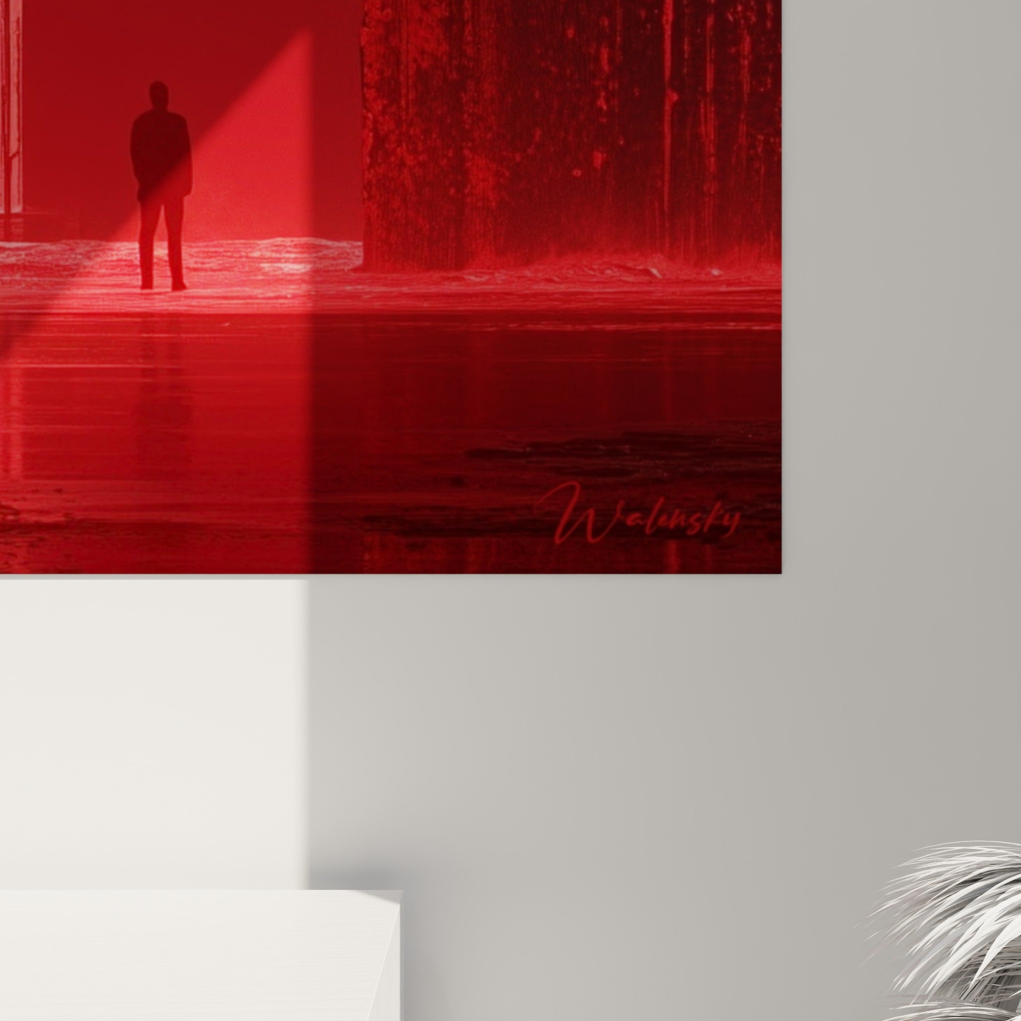Empâtements de rouge écarlate et coulures bordeaux visibles en gros plan sur la toile