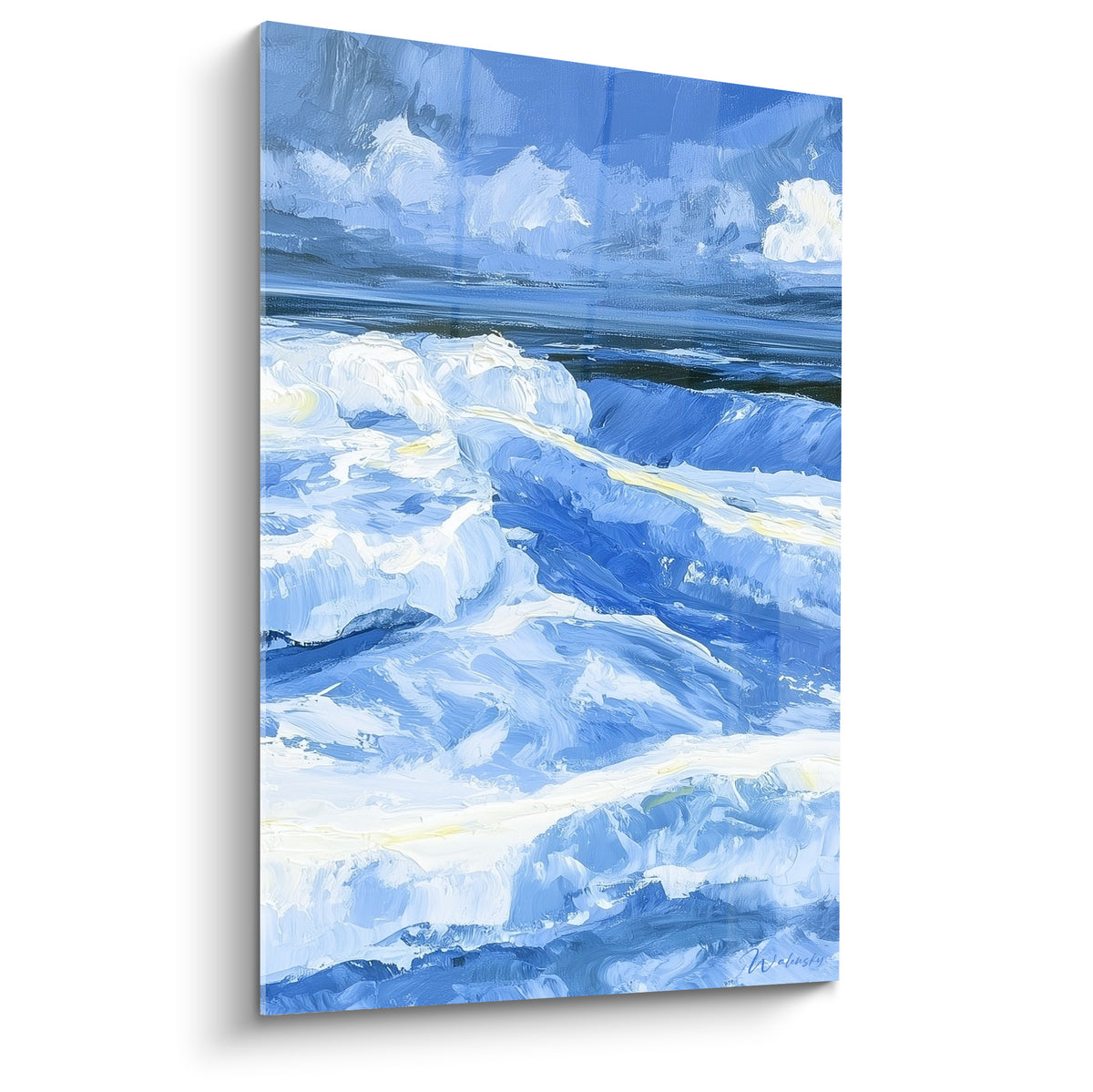 Vagues bleu marine et écume blanche en style peinture abstrait, empâtements marqués sur toute la toile