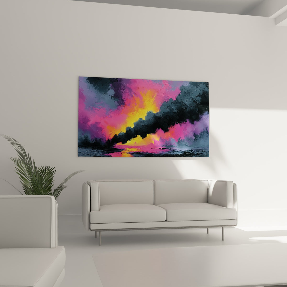Vagues de couleur rose et or perçant l'obscurité anthracite, tableau abstrait au-dessus d'un canapé dans un salon lumineux
