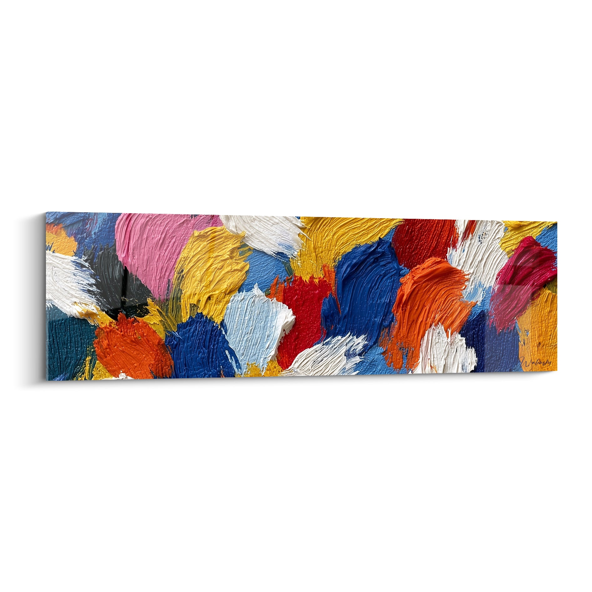 Empâtements épais bleu marine, jaune moutarde et rouge composent ce tableau abstrait texturé