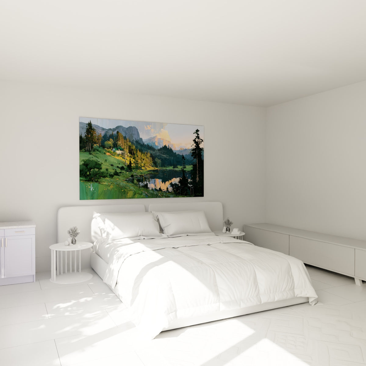 Chalet blanc et lac reflétant un ciel ocre, tableau vallée verte au-dessus d'un lit dans une chambre claire