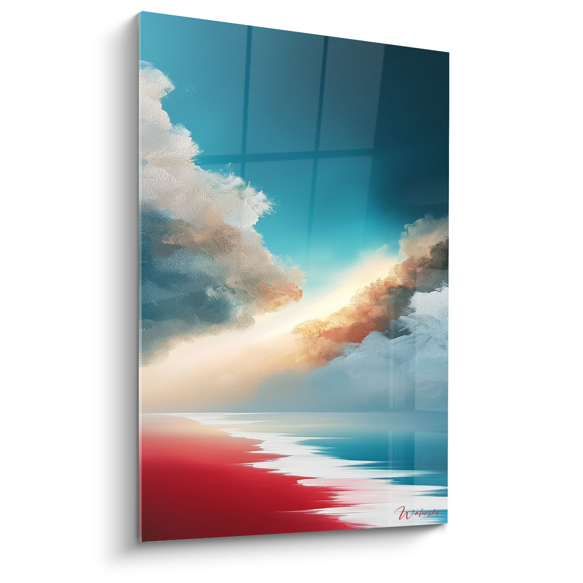 Ciel rouge et bleu marine en peinture abstraite, nuages texturés et reflet marin doré