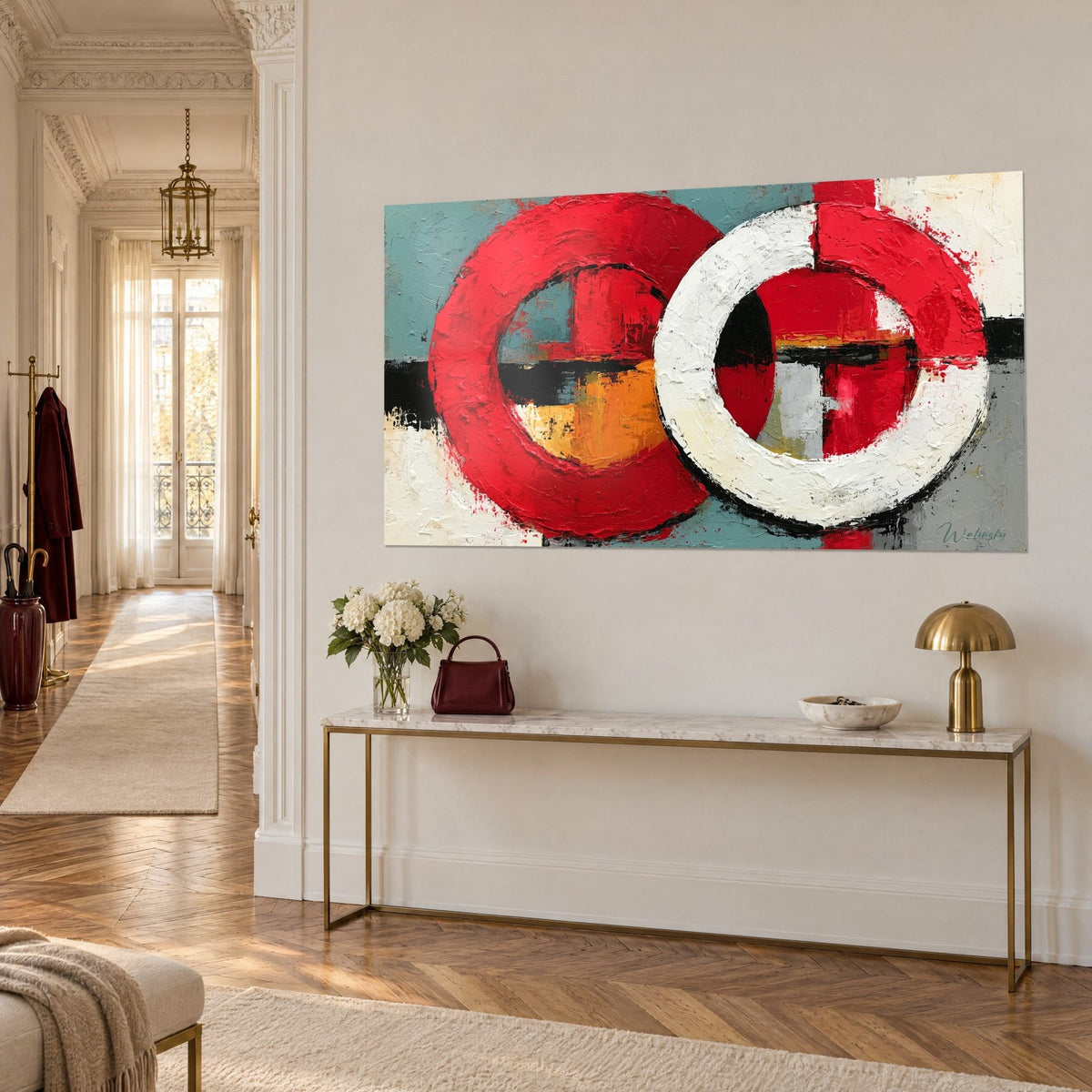Schilderij twee dikke cirkels scharlaken en ivoor, horizontale zwarte band en oranje accenten, Haussmann-muur, vergulde messing console