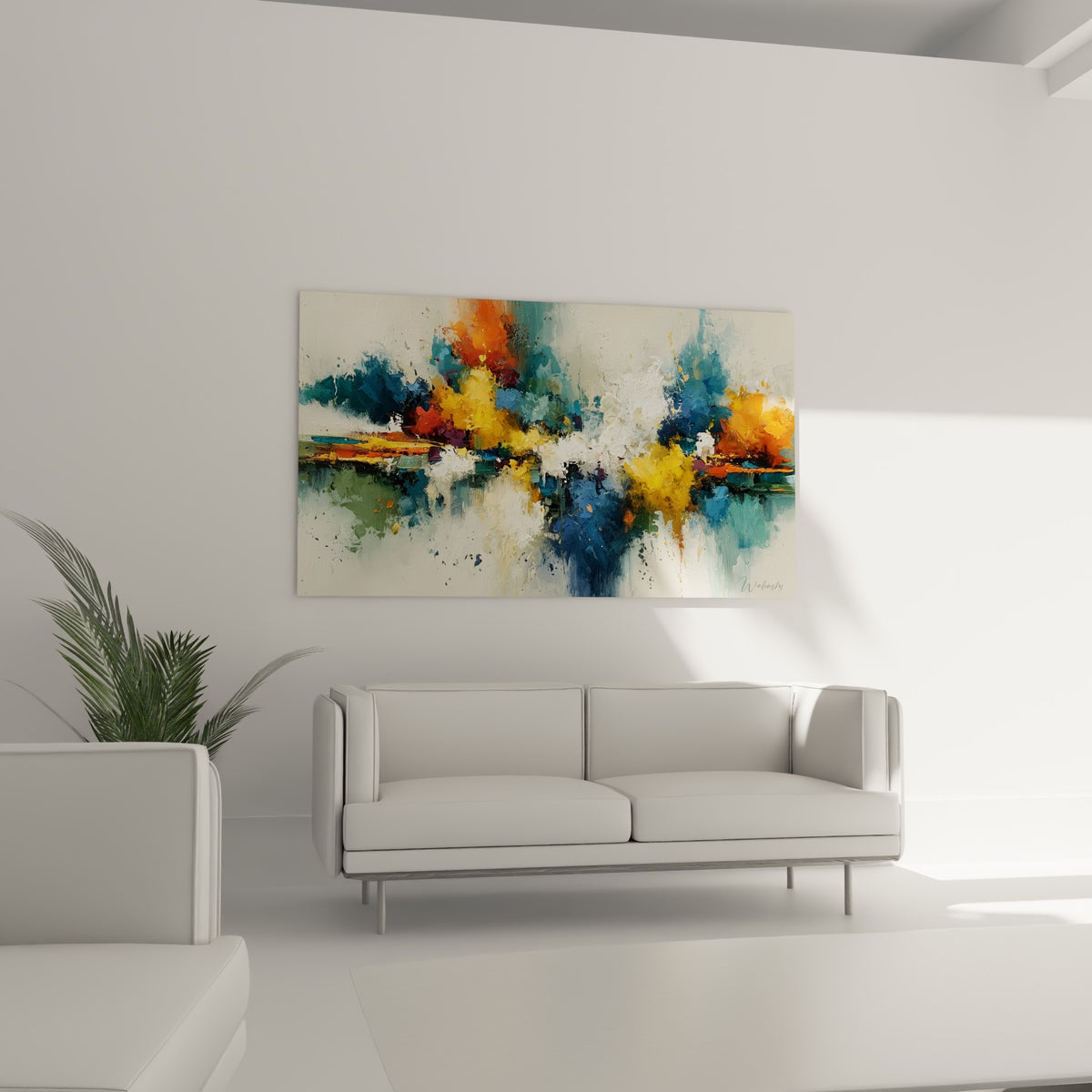 Jaillissement doré et bleu marine sur toile abstraite au-dessus d'un canapé dans un salon lumineux