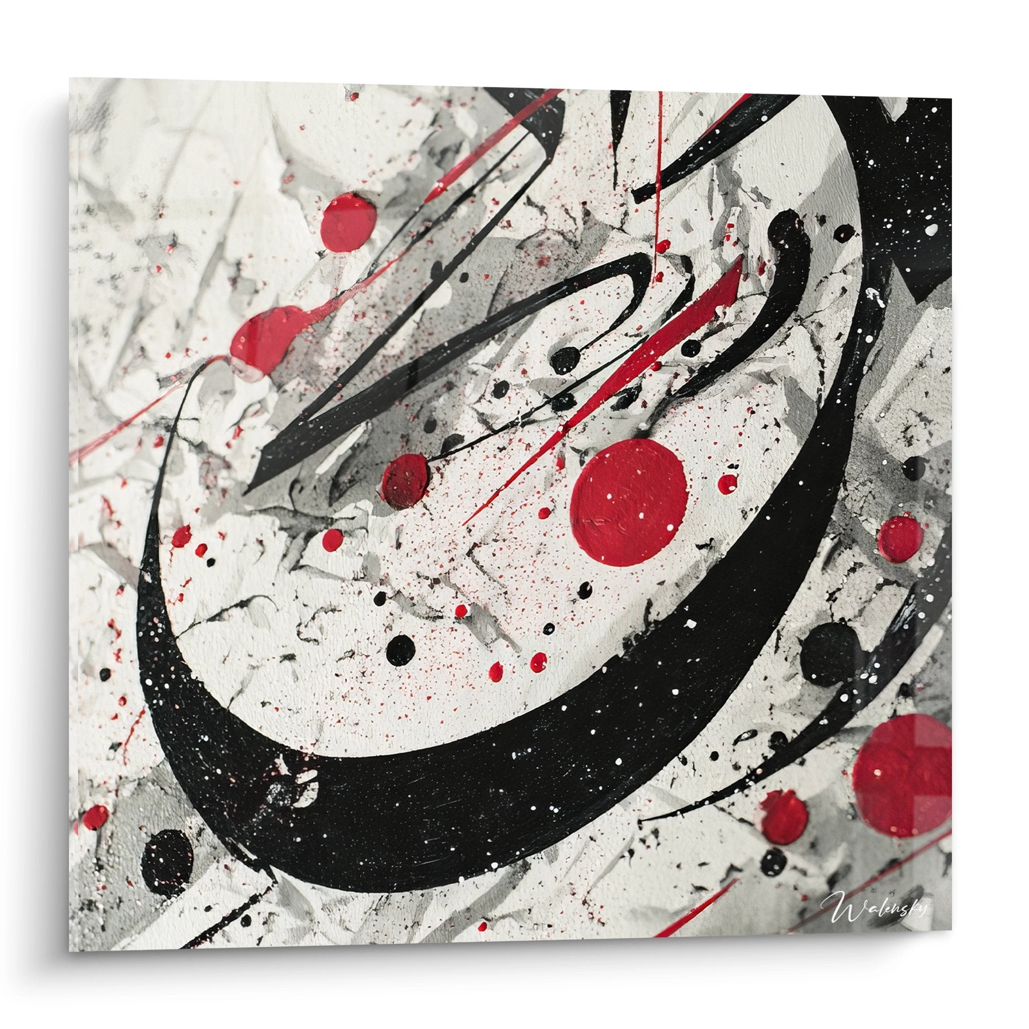 Tableau peinture abstraite dynamique rouge noir sur fond blanc style expressionniste moderne
