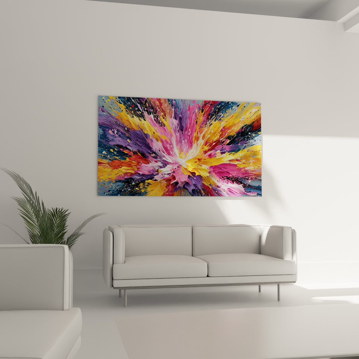 Éclat pictural rose et jaune ocre traversé de bleu anthracite, placé au-dessus d'un canapé dans un salon lumineux