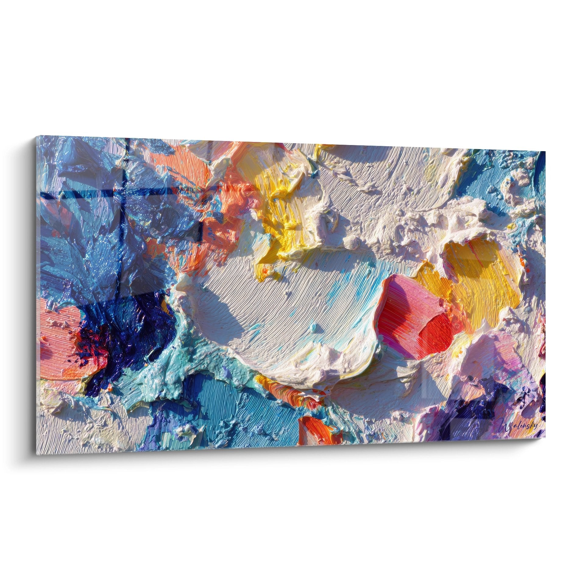 Tableau peinture abstraite colorée aux empâtements épais avec bleus, rouges et jaunes éclatants