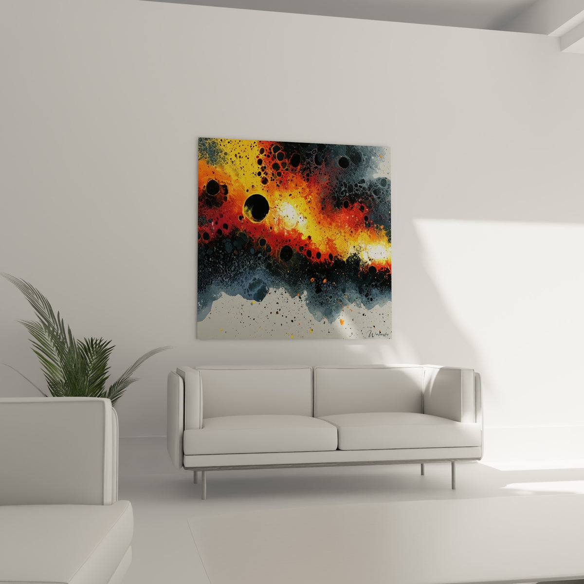 Explosion dorée et noire aux textures organiques, style peinture abstrait au-dessus d'un canapé dans un salon lumineux