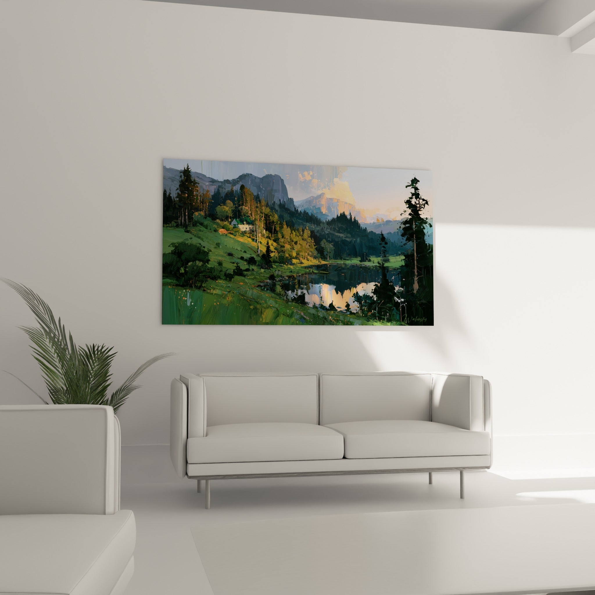 Montagnes ocre et lac bleu pastel entourés de sapins verts, tableau accroché au-dessus d'un canapé dans un salon lumineux