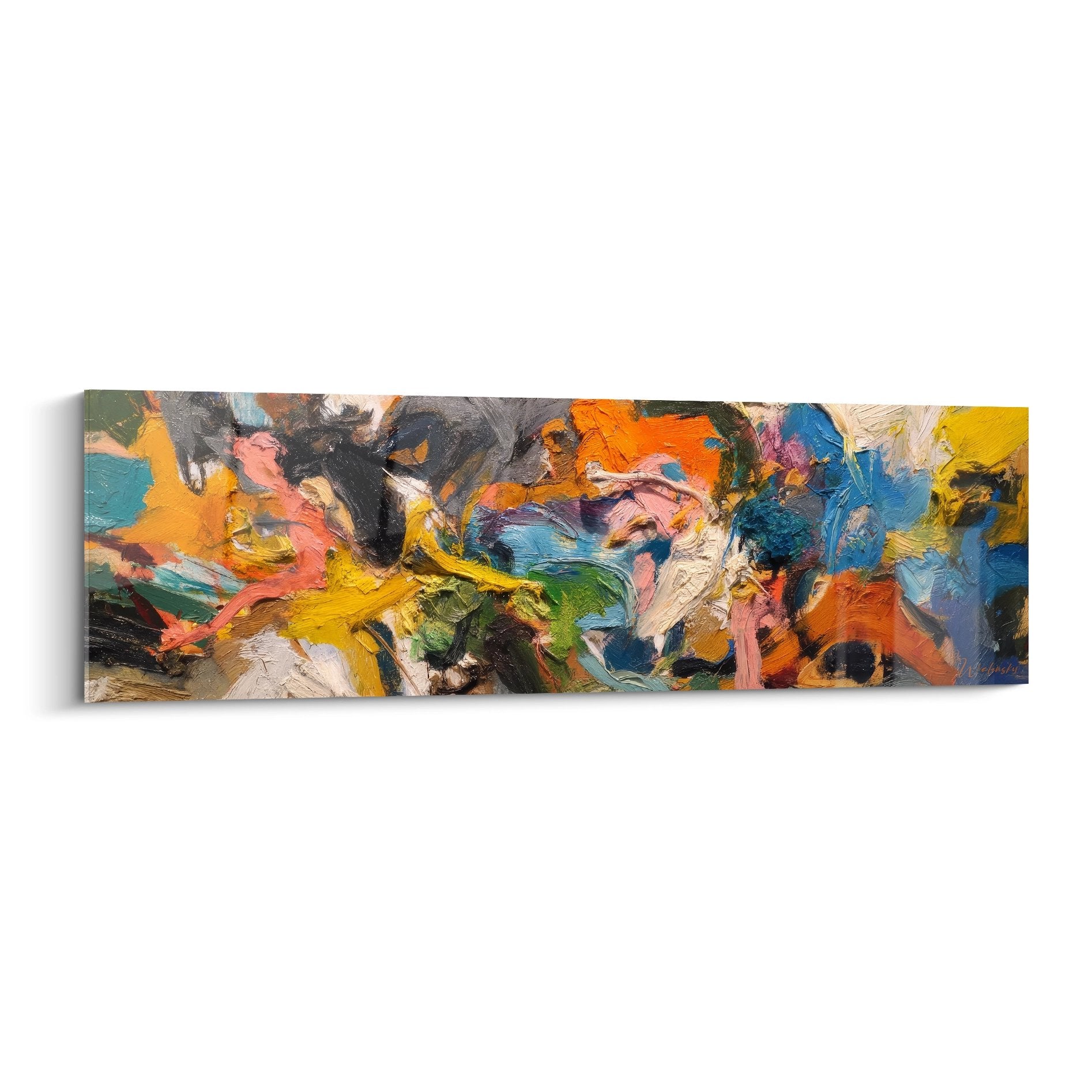Tableau peinture abstraite multicolore aux tons oranges bleus jaunes style contemporain