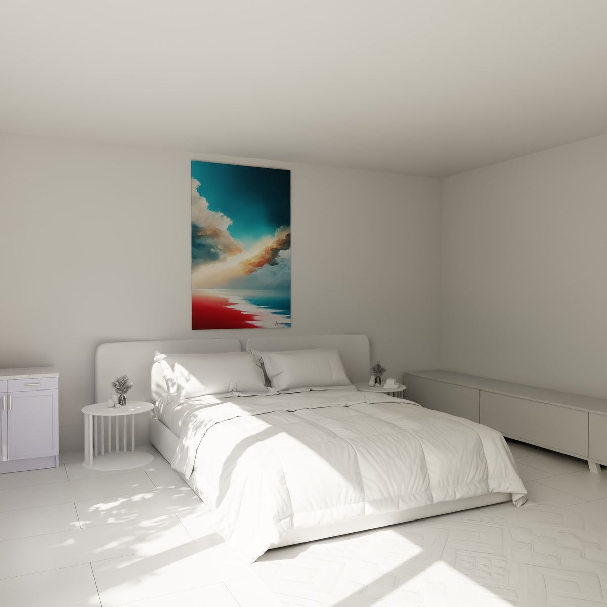 Horizon rouge et bleu pétrole peint en touches épaisses, accroché au-dessus d'un lit dans une chambre claire