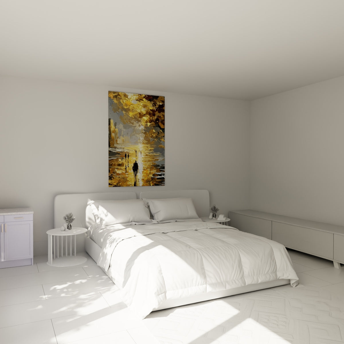 Passants dorés et anthracite avançant vers la lumière, au-dessus d'un lit dans une chambre claire