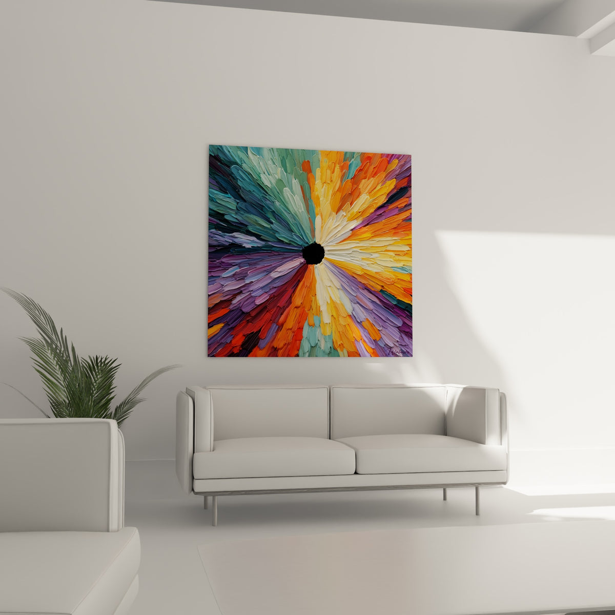 Pétales turquoise et prune jaillissant d'un cœur noir, tableau accroché au-dessus d'un canapé dans un salon lumineux